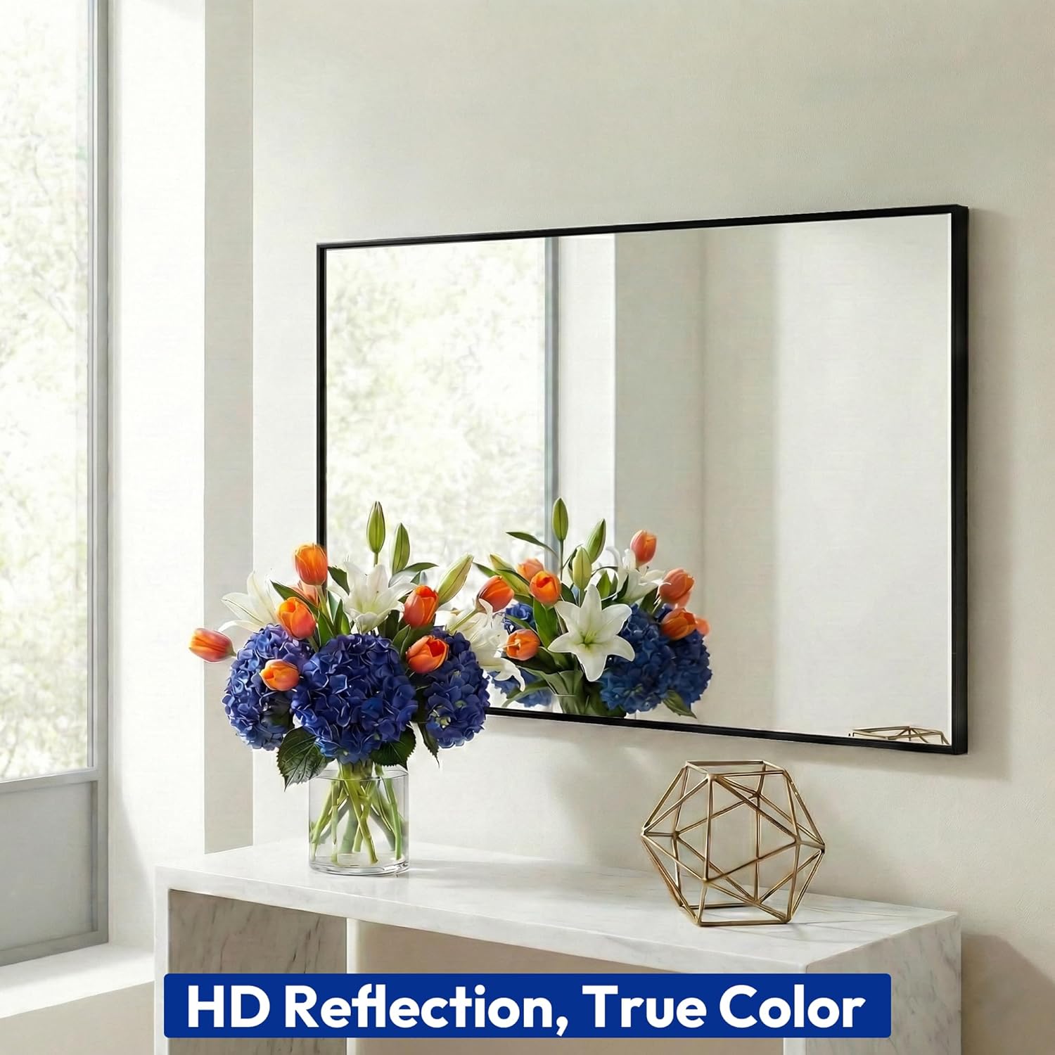30" x 48" Matte Black Wall Mirror, 48" x 30" Large Metal Framed Landscape Decor, Horizontal Bathroom Mirror for Wide Vanity & Dining Room