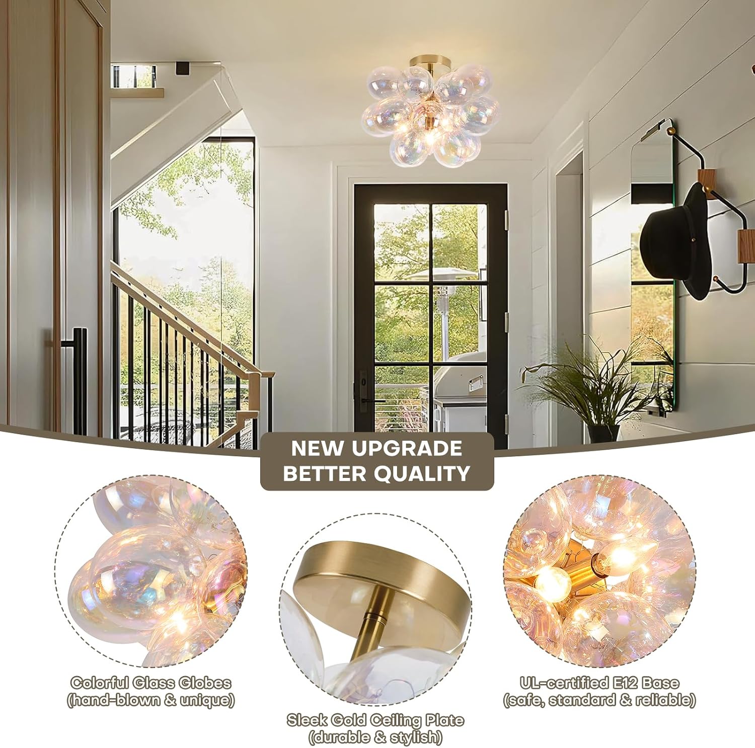 Modern Bubble Ceiling Light, Gold Semi Flush Mount Chandelier for Bedroom, Living Room, Dining Room, Kitchen, Bathroom, Mid Century Modern Lighting with 17 Hand-Blown Colorful Glass Globes