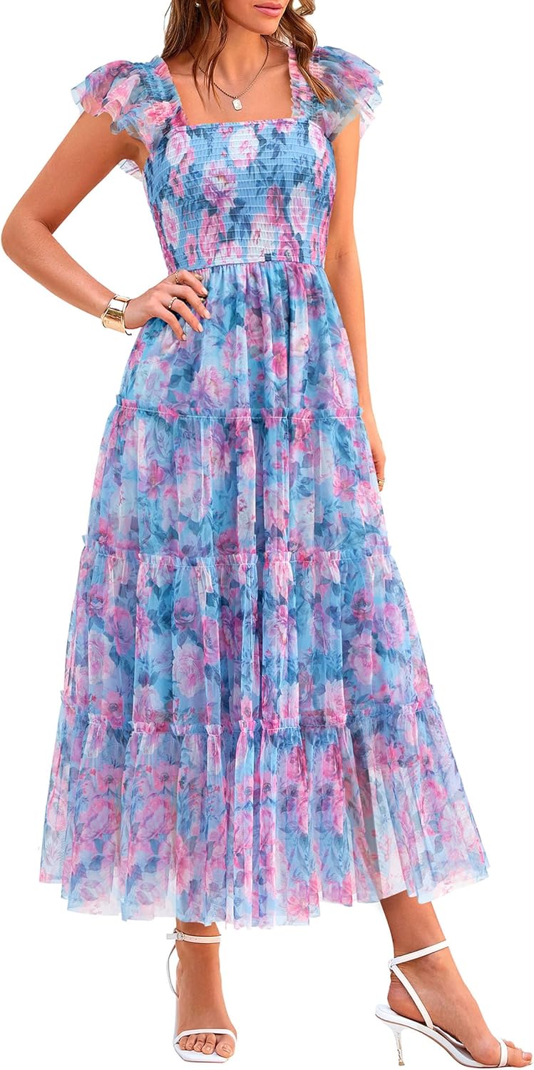 PRETTYGARDEN Women's Summer Tulle Midi Dress Sleeveless Smocked Ruffle Flowy Mesh Dresses Party Wedding Guest Sundress
