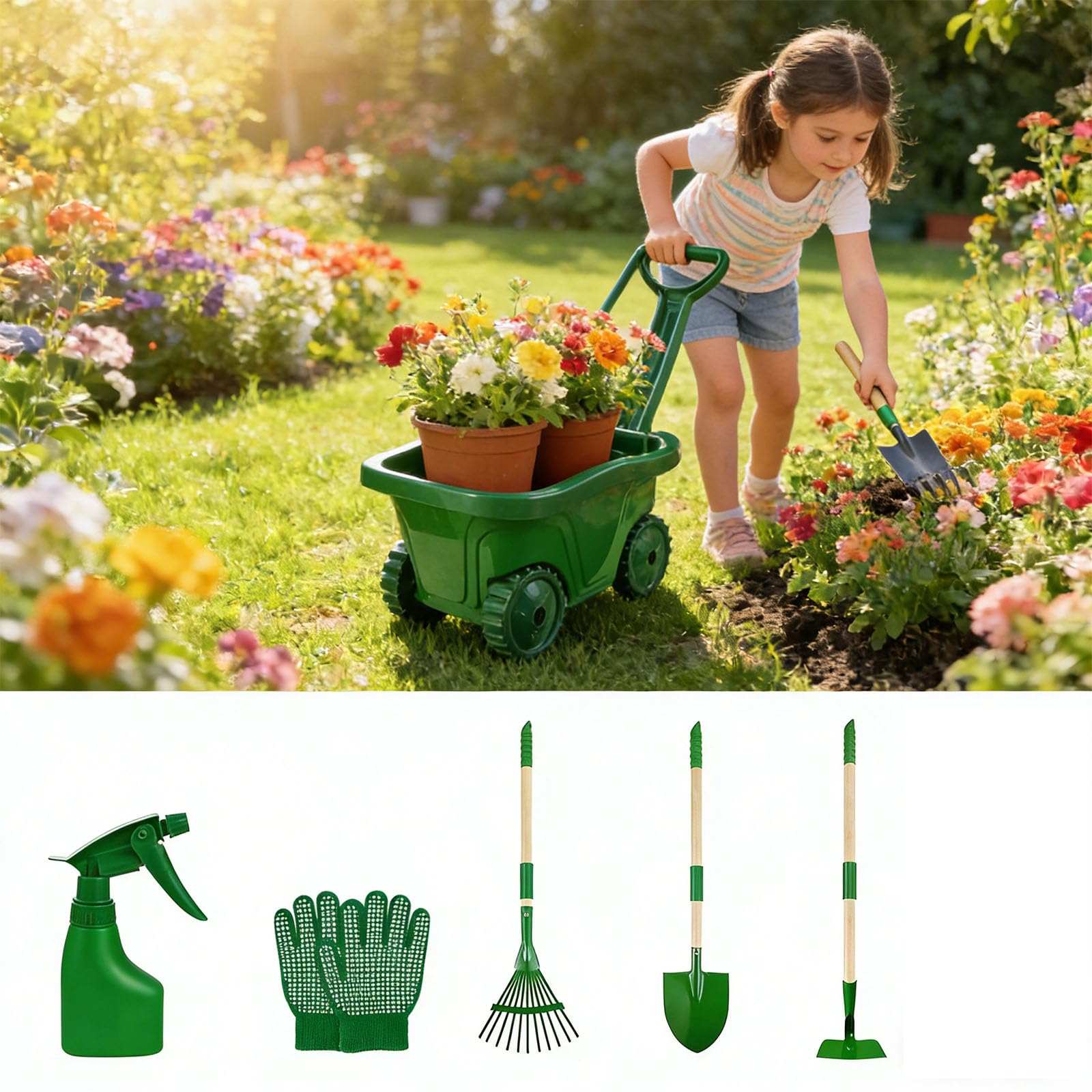 Set di 7 attrezzi flessibili per bambini, adatti per giardinaggio, spiaggia e giardino, per assaporare l'ambiente naturale in ABS e legno