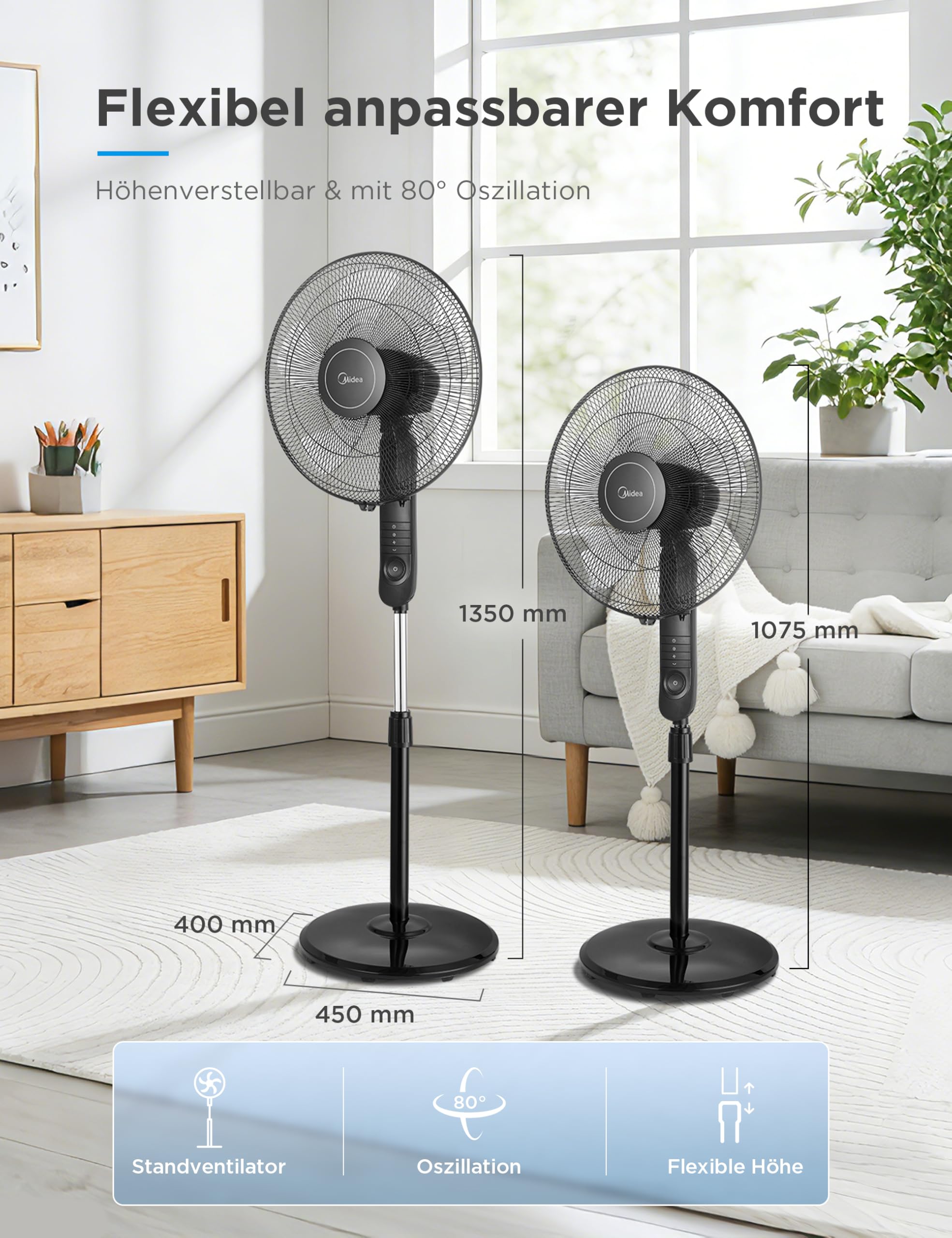 Midea FS40-15FR Standventilator 55W leise mit Fernbedienung 3 Geschwindigkeitsstufen LED Anzeige 7,5H Timer höhenverstellbar 80° Oszillation Schwarz