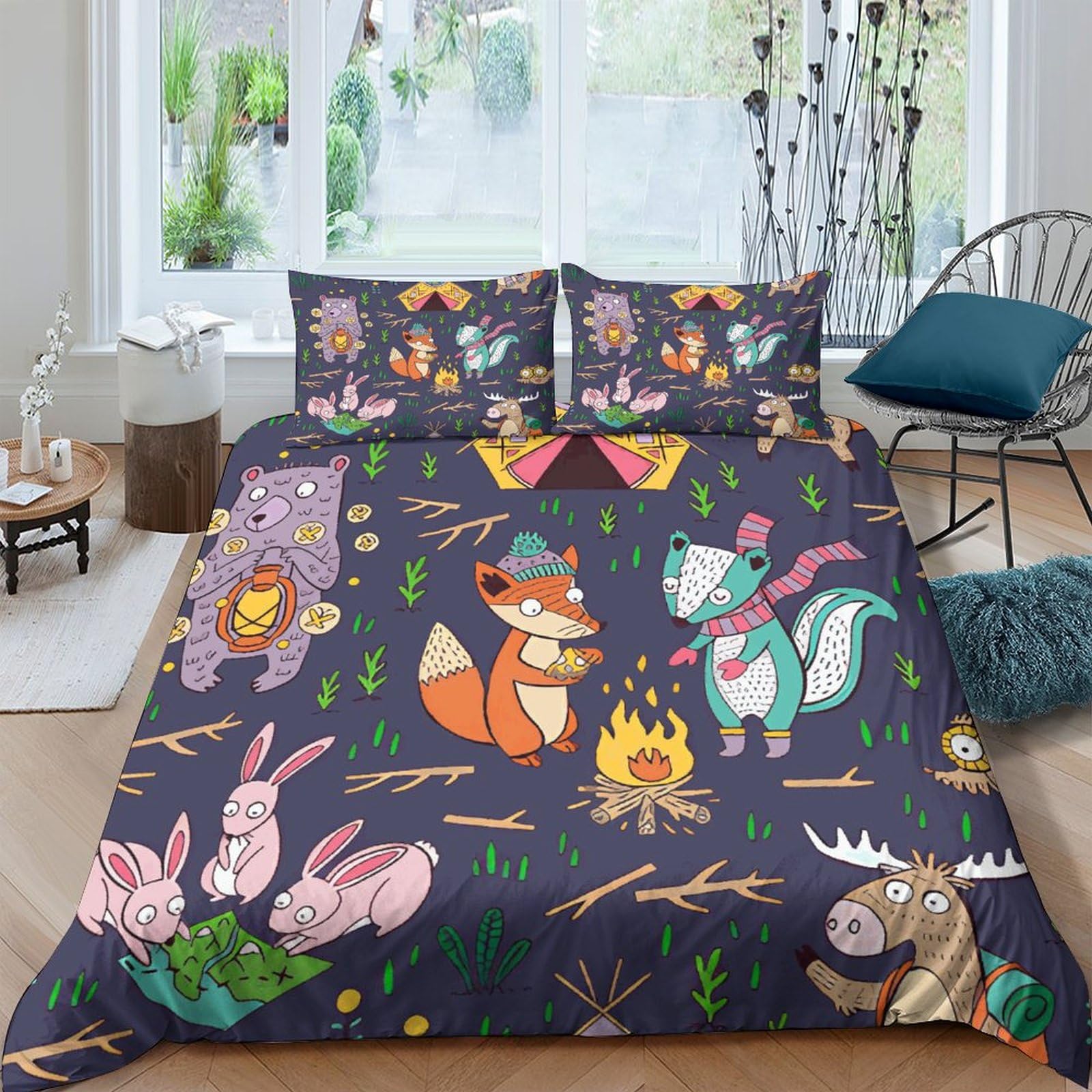 Housse de couette animaux de camping 200x200 cm en microfibre avec deux taies d'oreiller