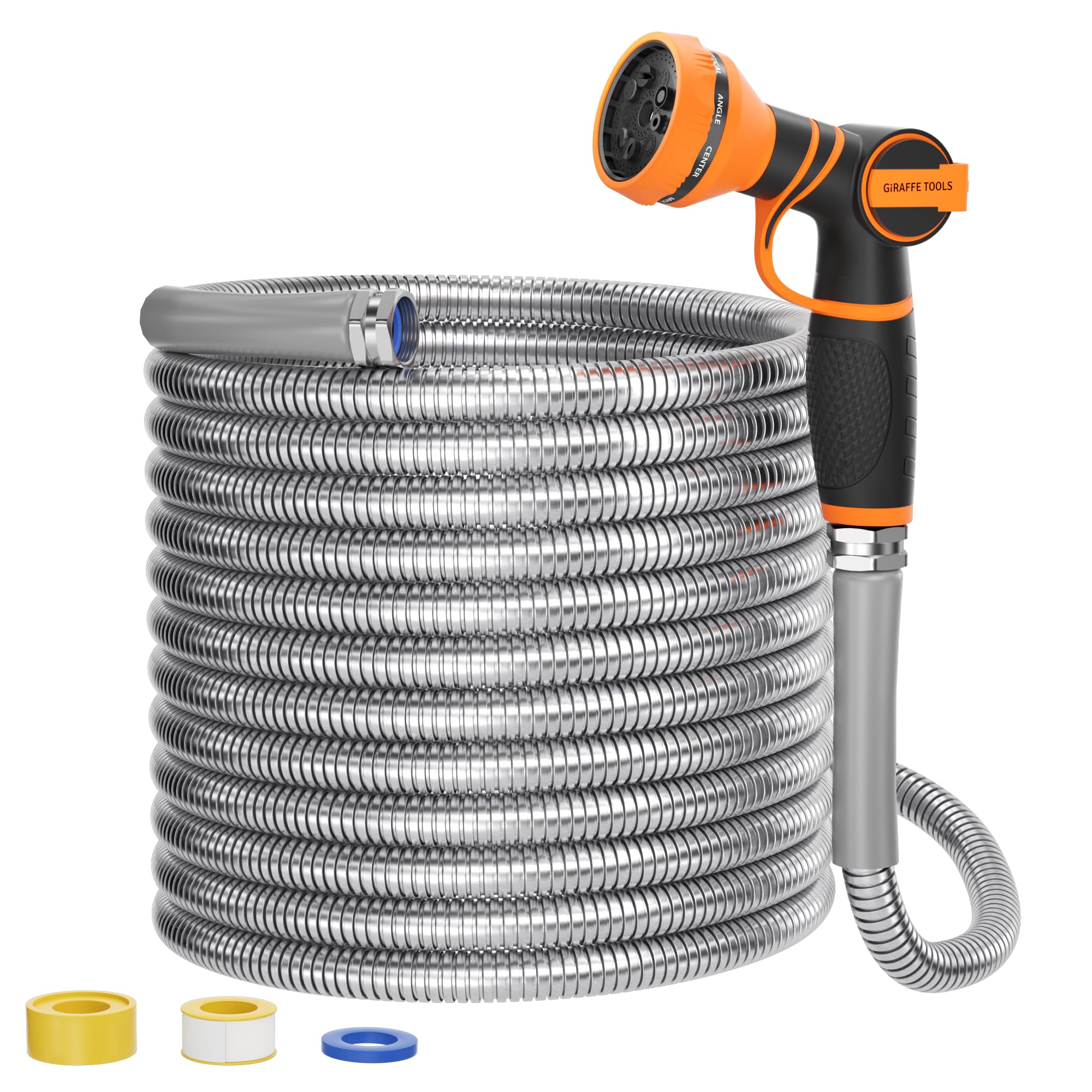 Girafe Tools Garden Hose 100ft x 3/4", 304 Stainless Steel Metal Water Hose, No Kink Garden Water Hose with 9 Pattern Spray Nozzle, Flexible, Lightweight, Kink Free Hose for Yard, Outdoor