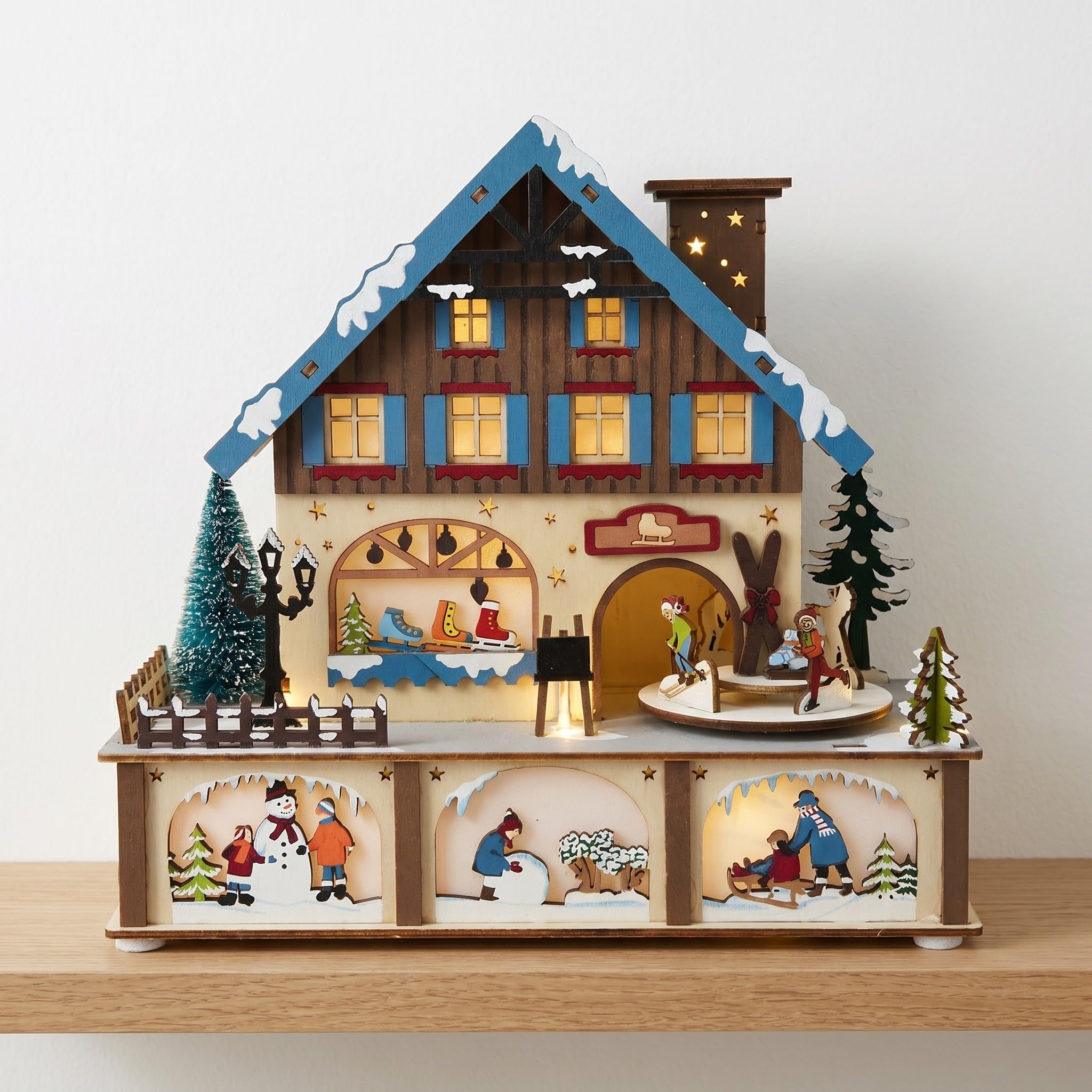 Adorno Navideño de Madera con Luces Led, Casa Pequeña para Decoración de Invierno, Diseño Intrincado y Acabado Artesanal para Centro de Mesa en Navidad