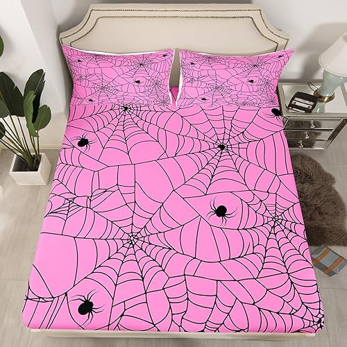 Pink Halloween Bed Sheet Set Full Size Spider Web Fitted Sheet for Boys Girls Ch