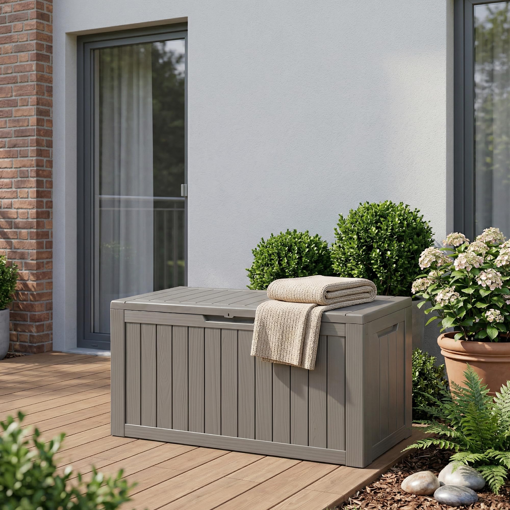 casa.pro Baule da Giardino Contenitore per Esterno Portatutto da 300 L in Plastica Cassone Multiuso Impermeabile Attrezzi Cuscini per Balcone Patio Outdoor 117x47x59 cm - Grigio Chiaro, Effetto Legno