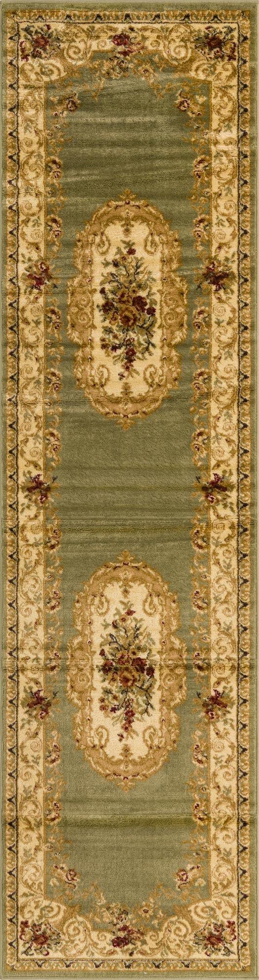 Rugs.com Chateau Collection Rug – 10 Ft Runner Green Medium Rug Perfect for Hallways, Entryways