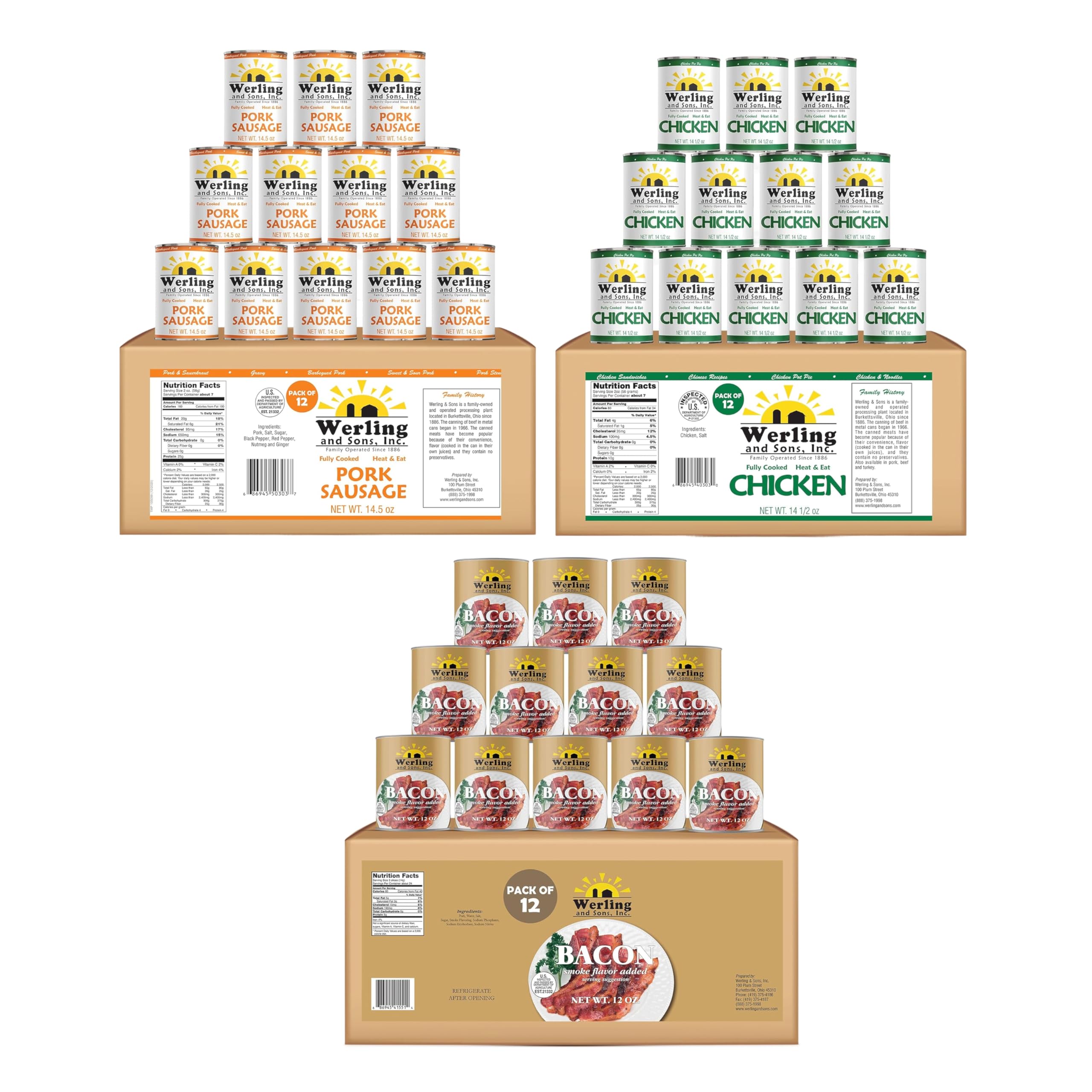 Werling Canned Meat Variety Bundle, Chicken 14.5 Oz, Bacon 12 Oz and Pork Sausage 14.5 Oz, Fully Cooked, Shelf Stable, Pack of 12 Each