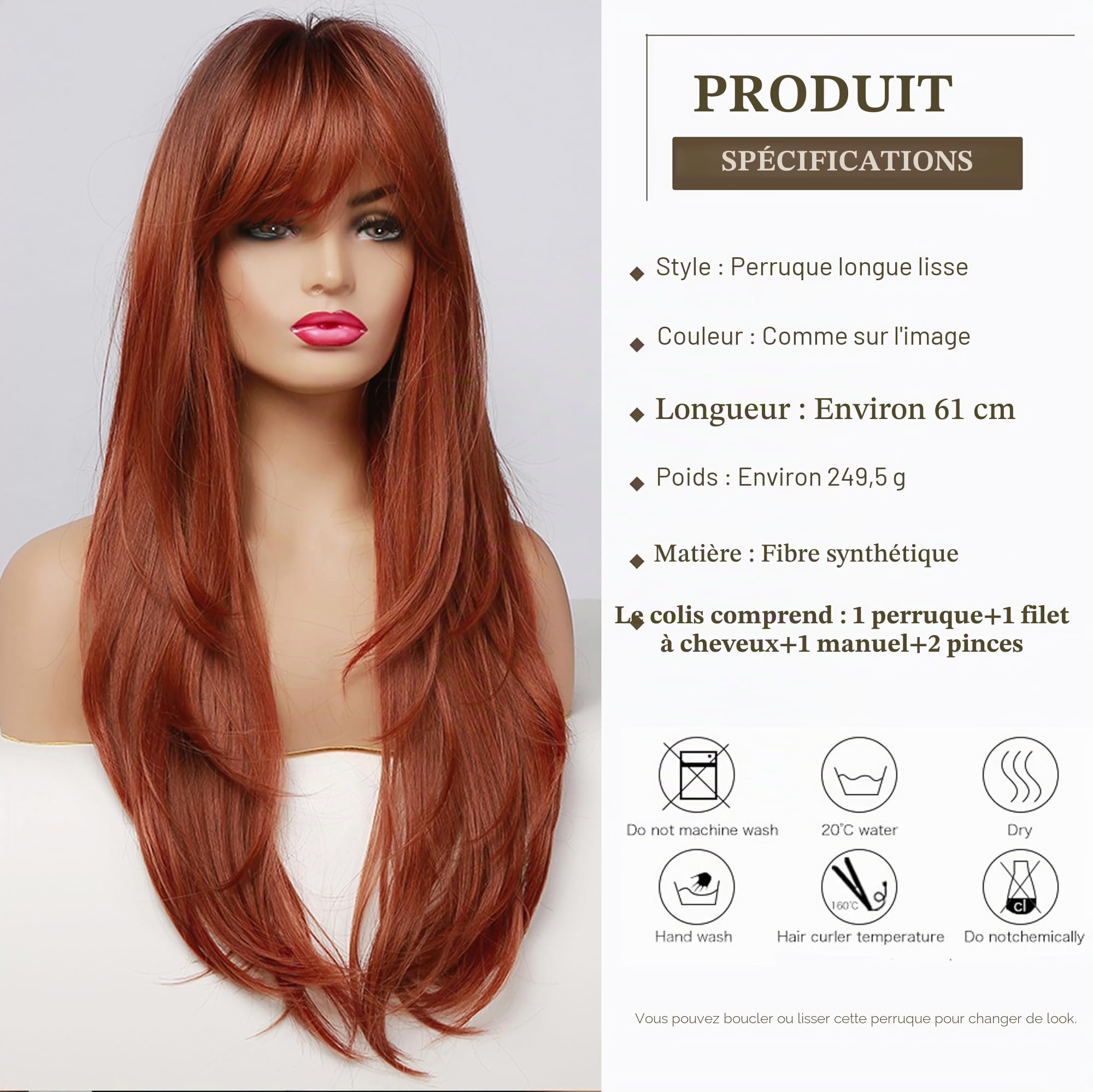Esmee Perruque Auburn pour Femmes de 24 Pouces avec Frange, Longue Verticale Naturelle, avec racines foncées, Perruque Synthétique Résistante à la Chaleur