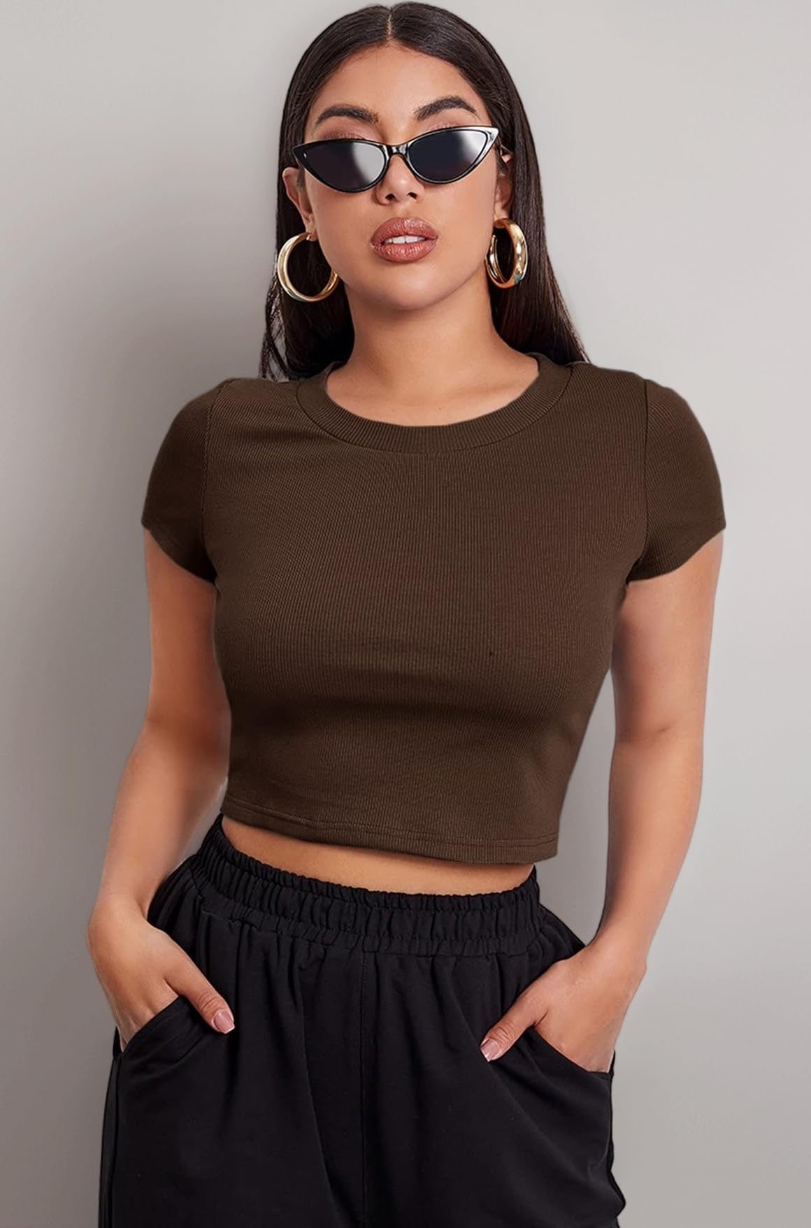Black Solid Ribbed Slim Fit Baby Tee Crop Top for Women's & Girls' (116_Black-L)