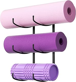 Yoga Mat Holder Wall Mount, 3-Tier Storage Rack for Yoga Mat, Foam Roller, Block, Yoga Accessories, Wall Organizer for Home Gym, Gym, Workout Room, Metal, Black