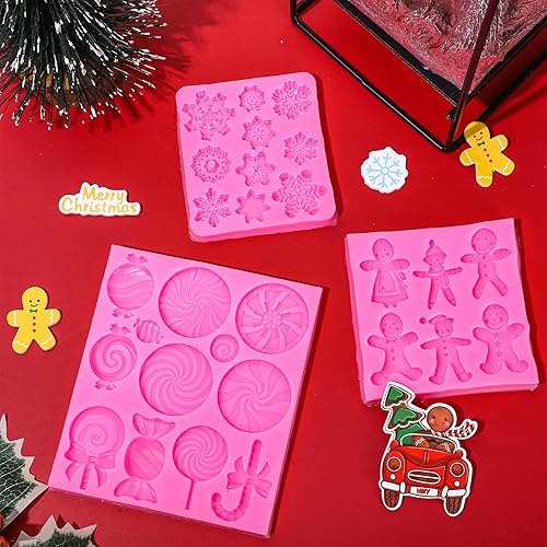 Miniatura 5 de Whaline Molde de silicona para caramelo de Navidad, 3 unidades, molde de silicona de copo de nieve de hombre de jengibre rosa, molde de caramelo de