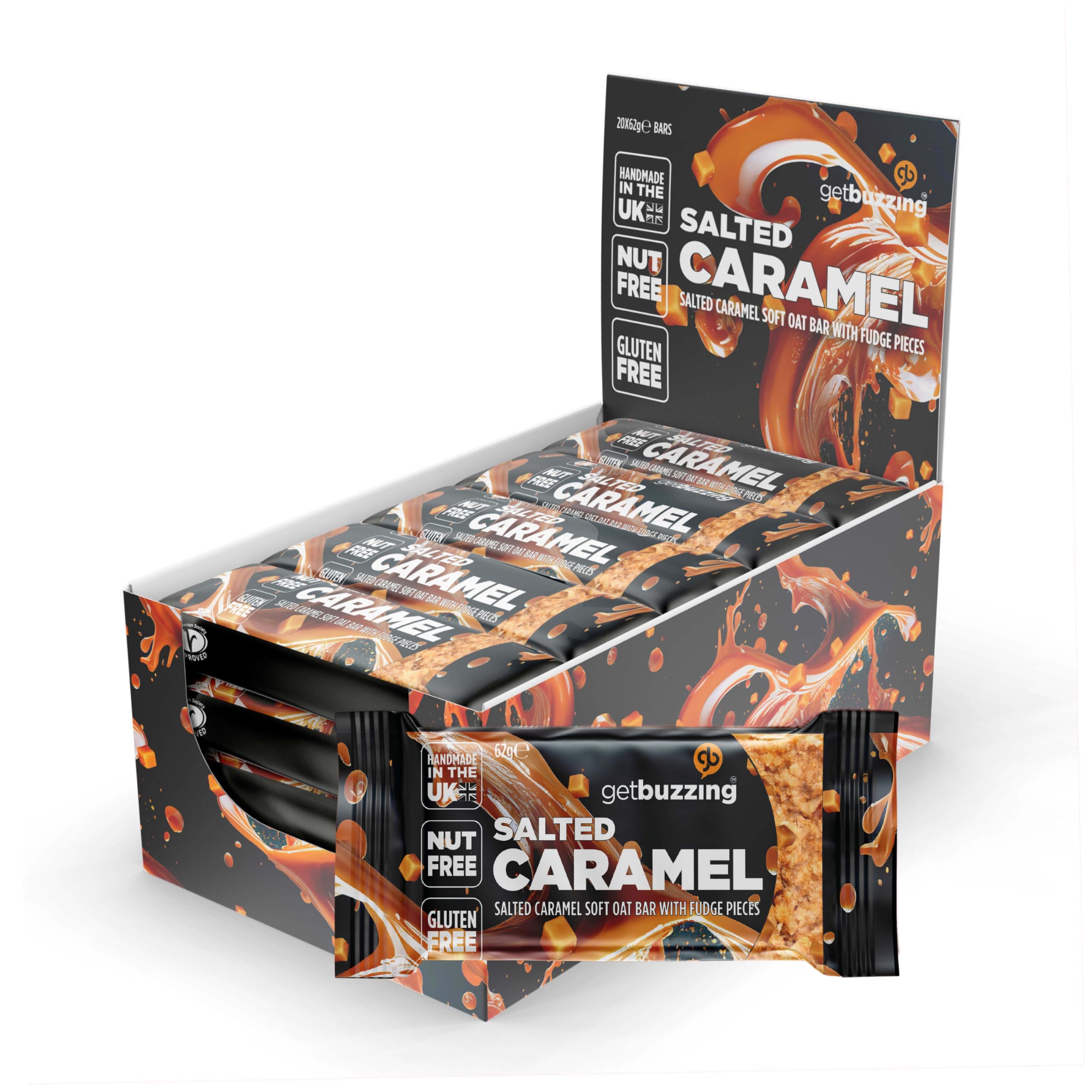 Getbuzzing Nut Free Oat Flapjack Healthy Snack & Energy Bars - Running,Gym, Cycling - Breakfast Snack - Made in The UK - Salted Caramel Pack of 20 x 62g Bars