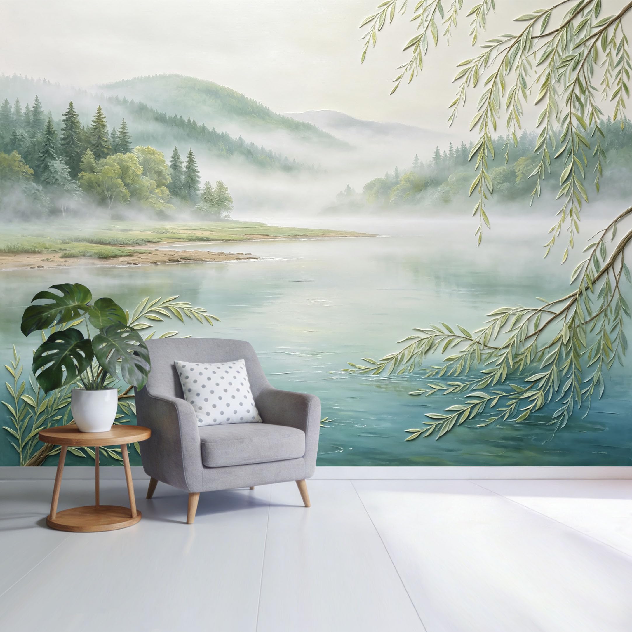 Custom Size Wall Mural Misty Mountain Lake Forest Landscape Willow Branch Watercolor Style SelfAdhesive Wall Fabric Removable Wallpaper for Home Office Decor