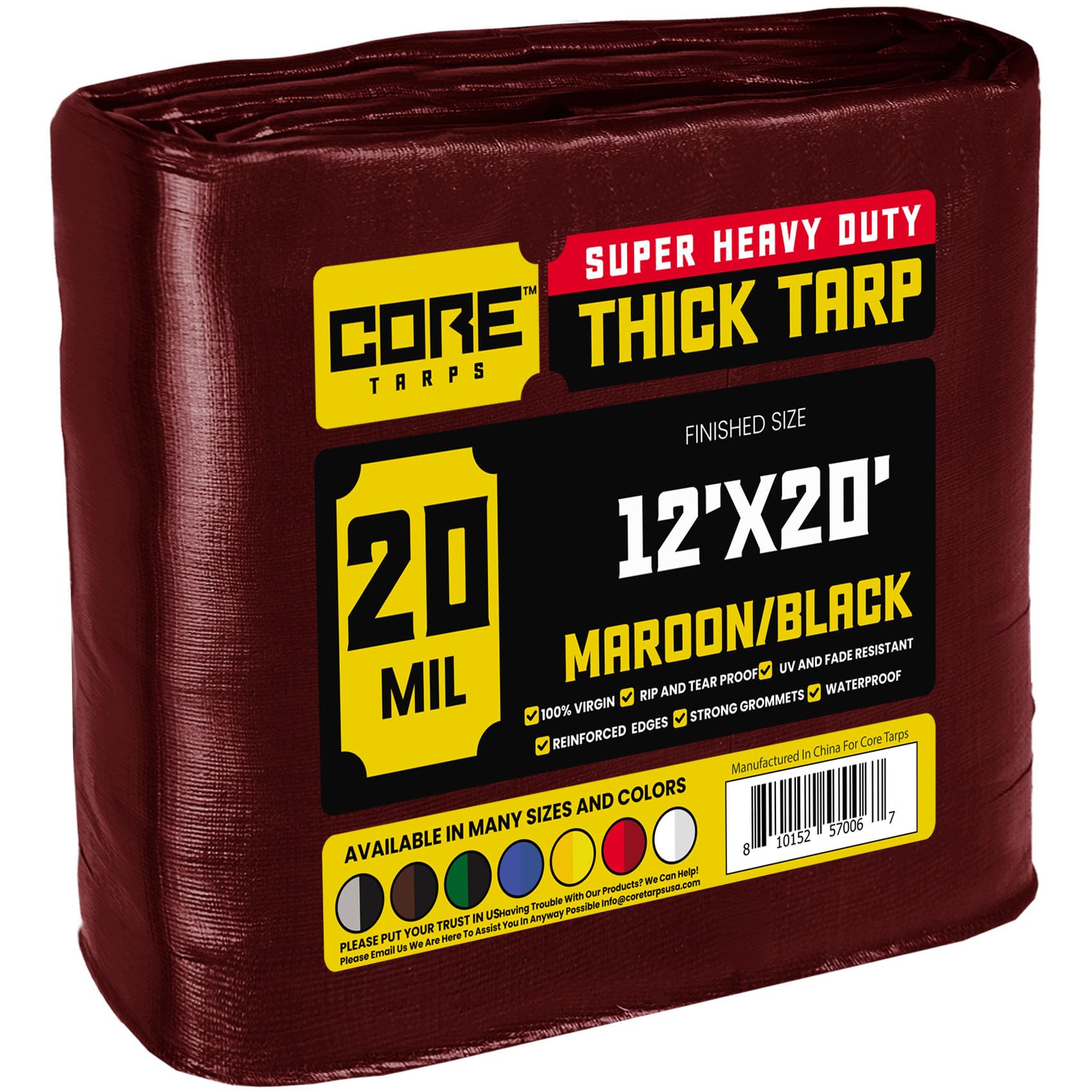 Core Tarps Extreme Heavy Duty 20 Mil Tarp Cover, Waterproof, UV Resistant, Rip and Tear Proof, Poly Tarpaulin with Reinforced Edges for Roof, Patio, Pool, Boat (Maroon/Black 12′ X 20′)