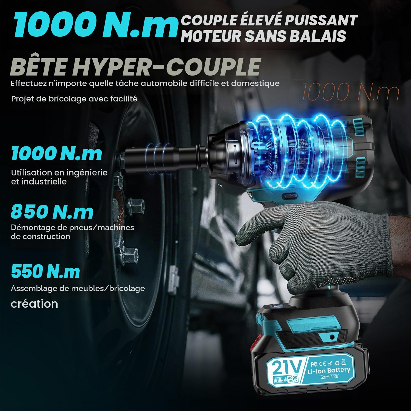 1000 N.m Clé à chocs, Boulonneuse a choc avec 1000 W Moteur Sans Balais, 2 x 4.0Ah Batteries,4 Douilles à chocs,4 Embouts de Vis, 2 Broches,1 x Sangle ergonomique,Cle a choc pour la Voiture,la Maison