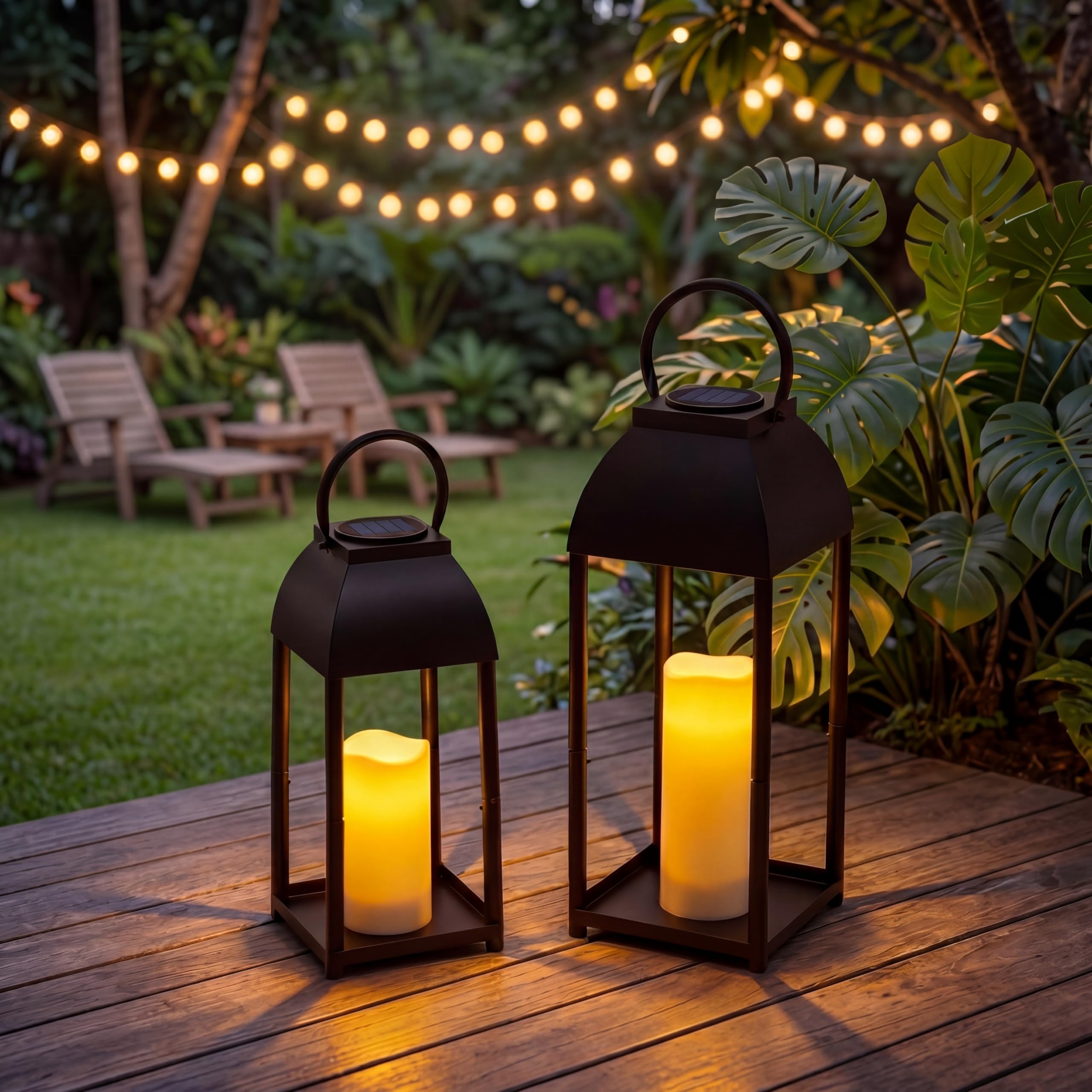 Photo 1 of Kittmip Set of 2 Black Solar Lanterns Outdoor Metal Decorative Lanterns with 2 Candles, Large Farmhouse Hanging & Table Decor for Garden Yard Patio Porch Wedding(20.5"&16.5")