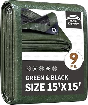 RAINDEWAY 15x15 Feet Tarp Waterproof,9Mil Green/Black Poly Tarps Cover