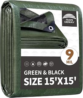 RAINDEWAY 15x15 Feet Tarp Waterproof,9Mil Green/Black Poly Tarps Cover