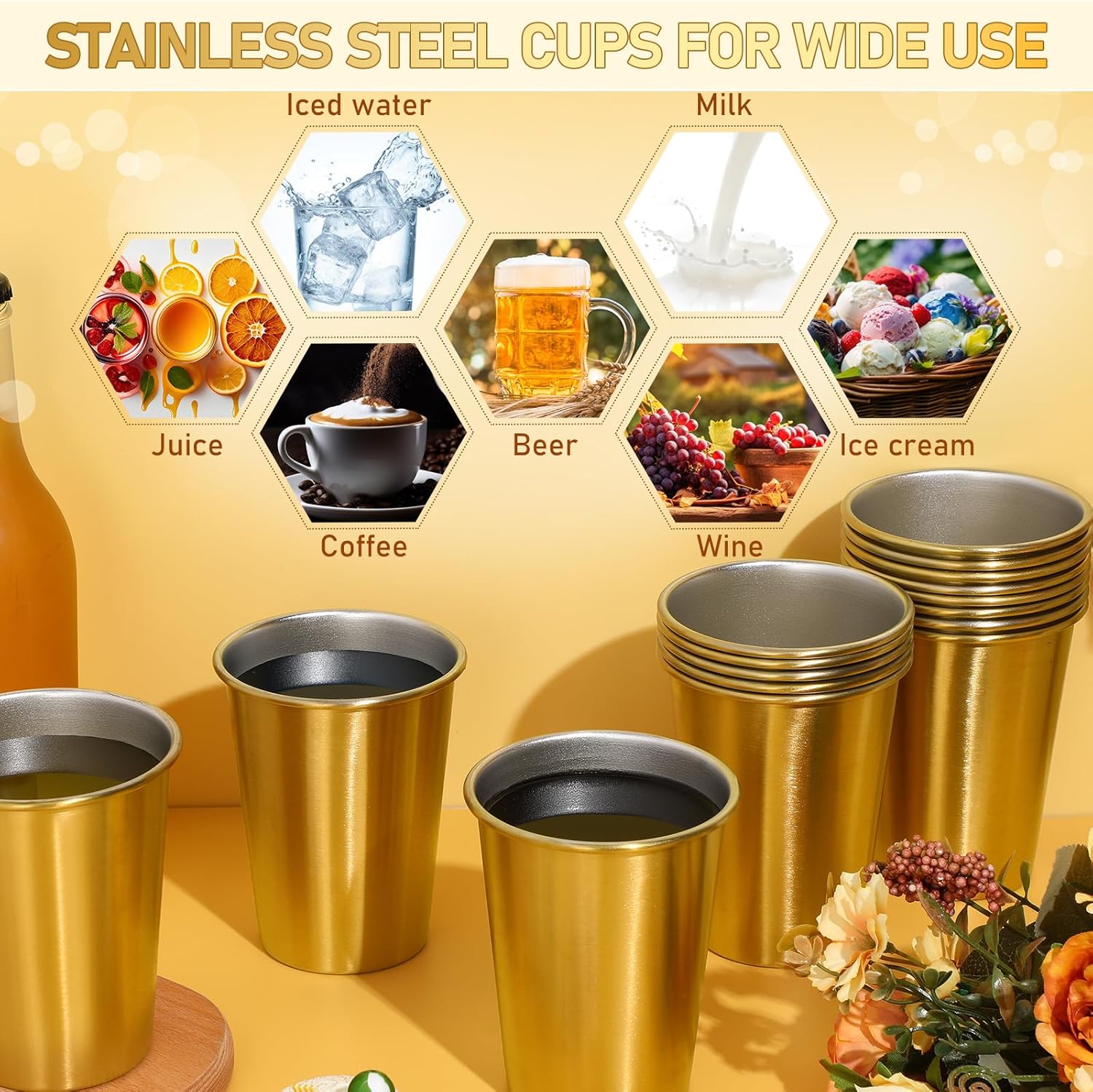 16 Pcs Stainless Steel Cups Bulk 12 oz Stackable Metal Drinking Cups Gold Reusable Camping Mugs for Home Camping Rv BBQ Office Party - Image 4