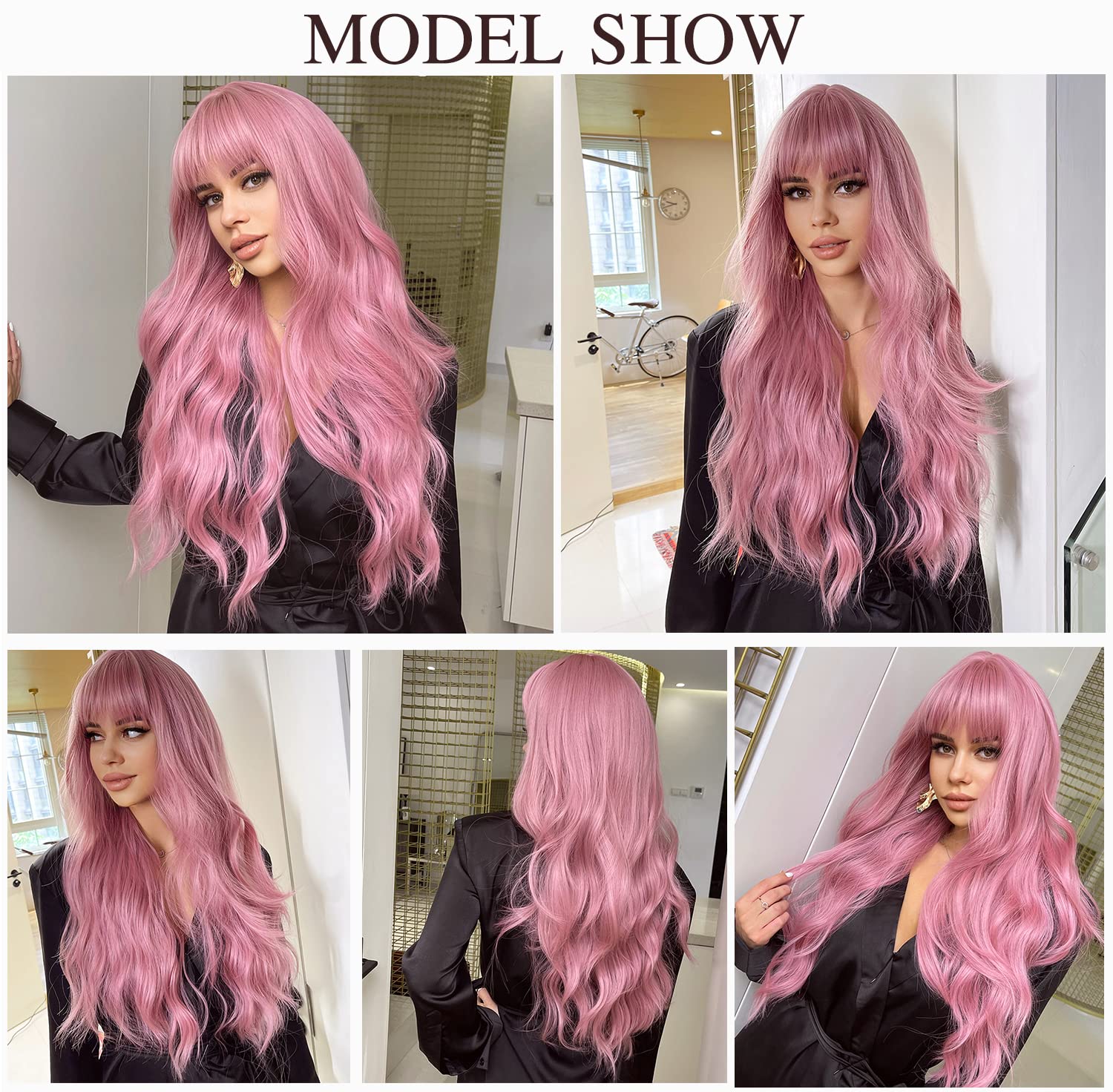 Esmee Long Straight Natural Synthetic Hair Layered Wigs for Women with Dark Roots for Daily Party Use-24 Inches: Pink
