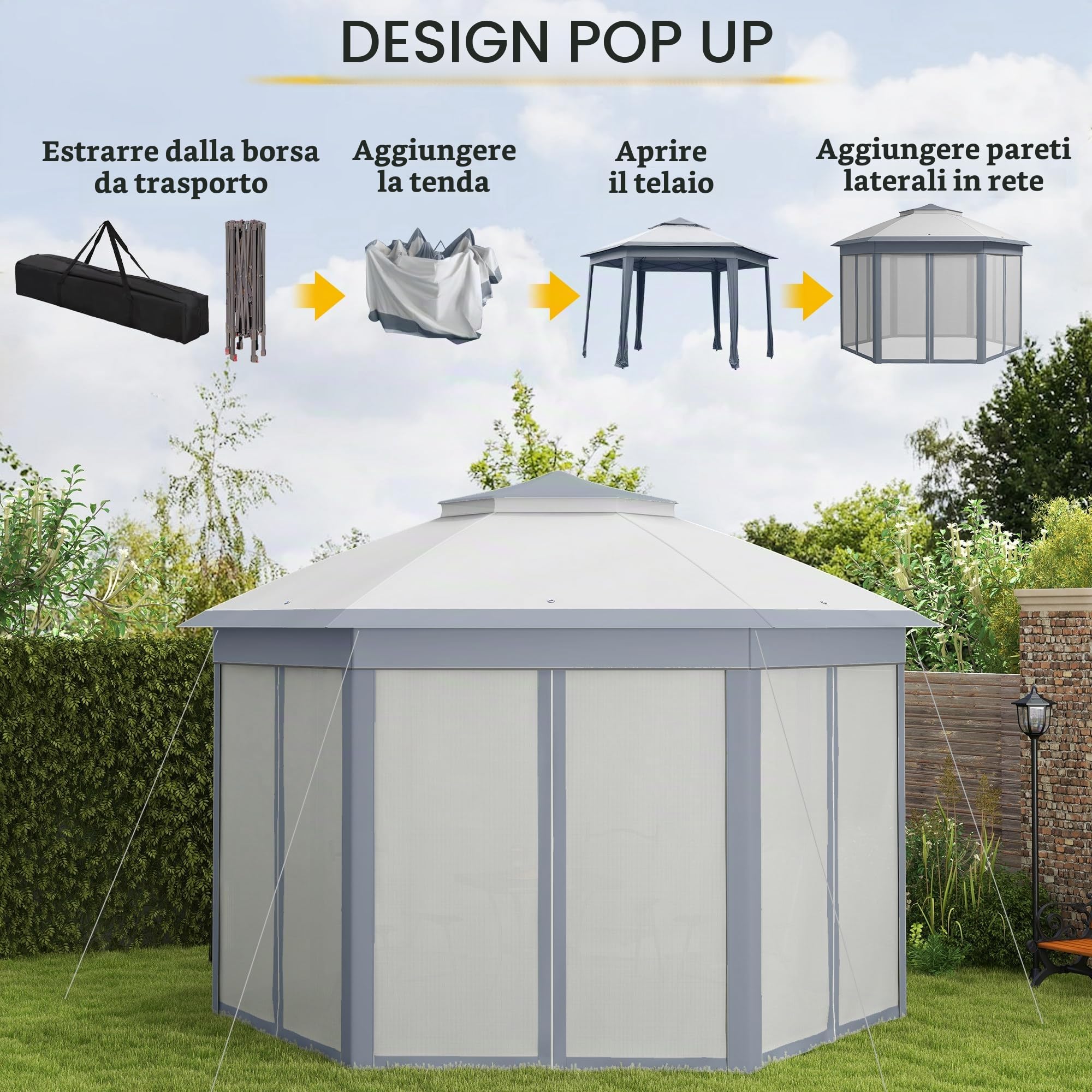 Outsunny 3 x 4m Gazebo da giardino esagonale a montaggio rapido, Grigio