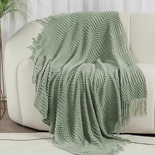 Miniatura 3 de Blagic Manta de punto para sofá, cama y sofá. Manta súper suave con borlas, manta verde salvia, 60 x 80 pulgadas, ligera y acogedora decoración del