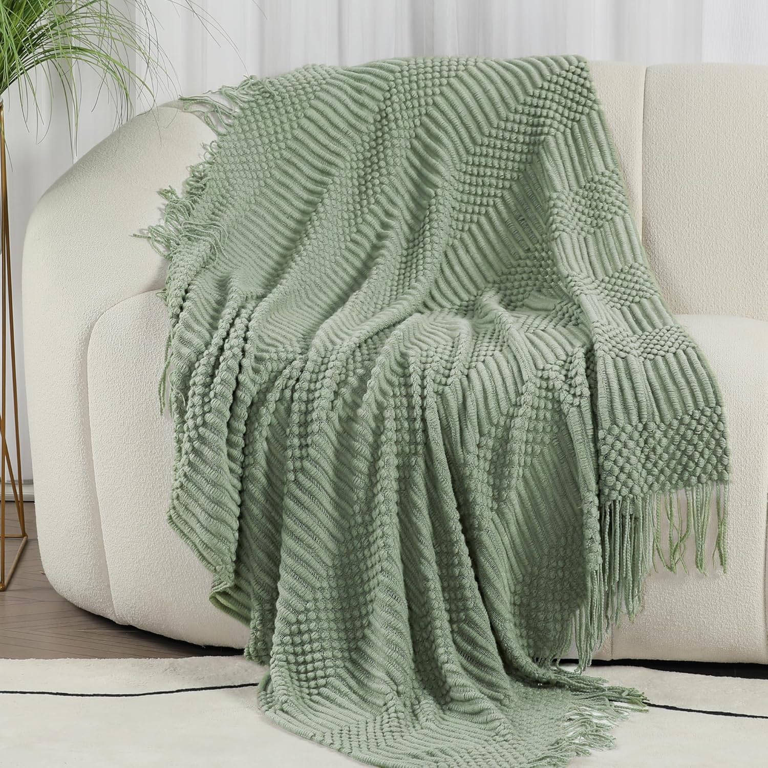Blagic Coperta lavorata a maglia per divano, letto e divano. Coperta super morbida con nappe, verde salvia, 127 x 152 cm, leggera e accogliente decorazione per la casa