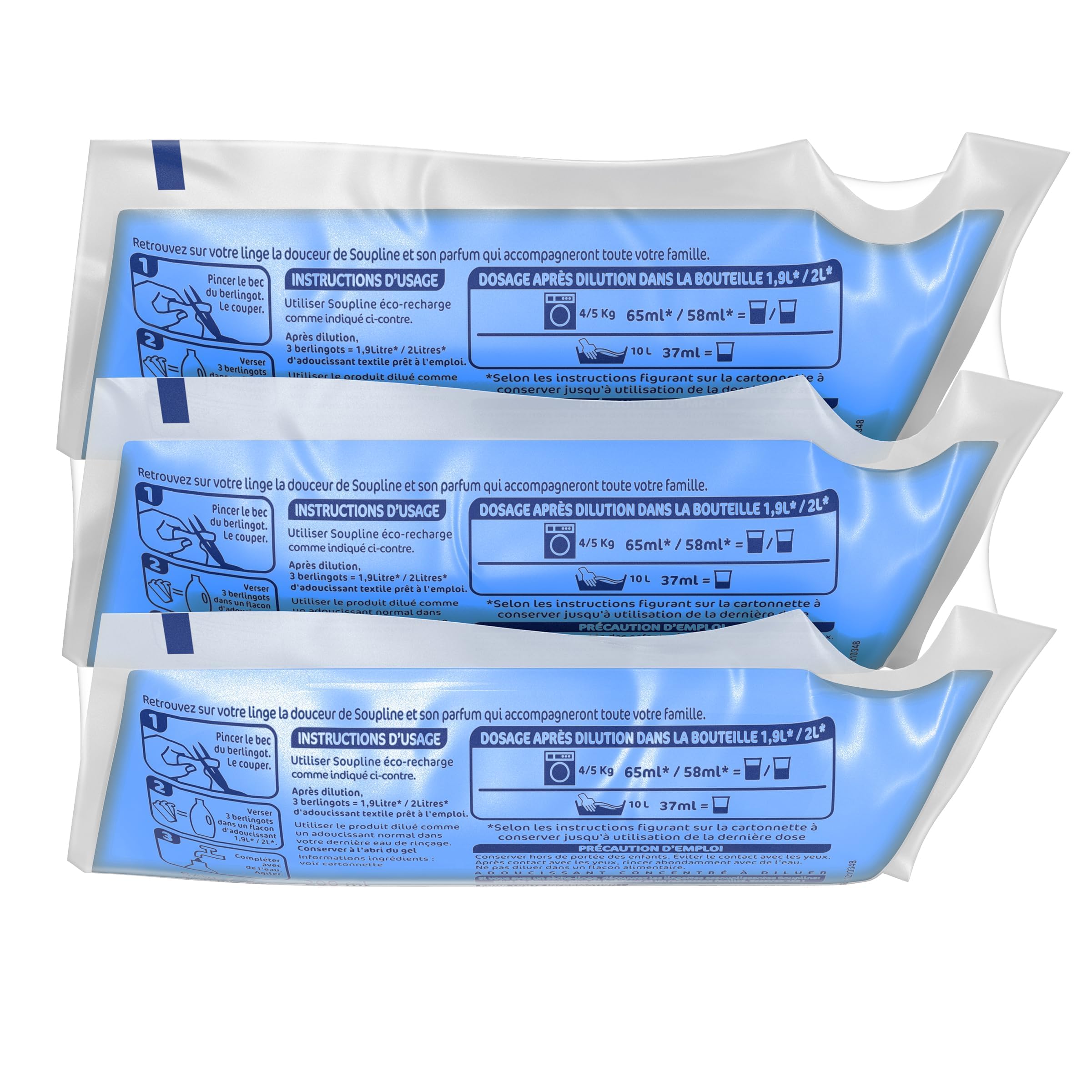 SOUPLINE - Weichspüler-Konzentrat Soupline 3D Grand Air – Eco-Nachfüllpackungen – aktive Formel mit Kälte – 92 % Inhaltsstoffe natürlichen Ursprungs – 16 Packungen à 3 x 200 ml