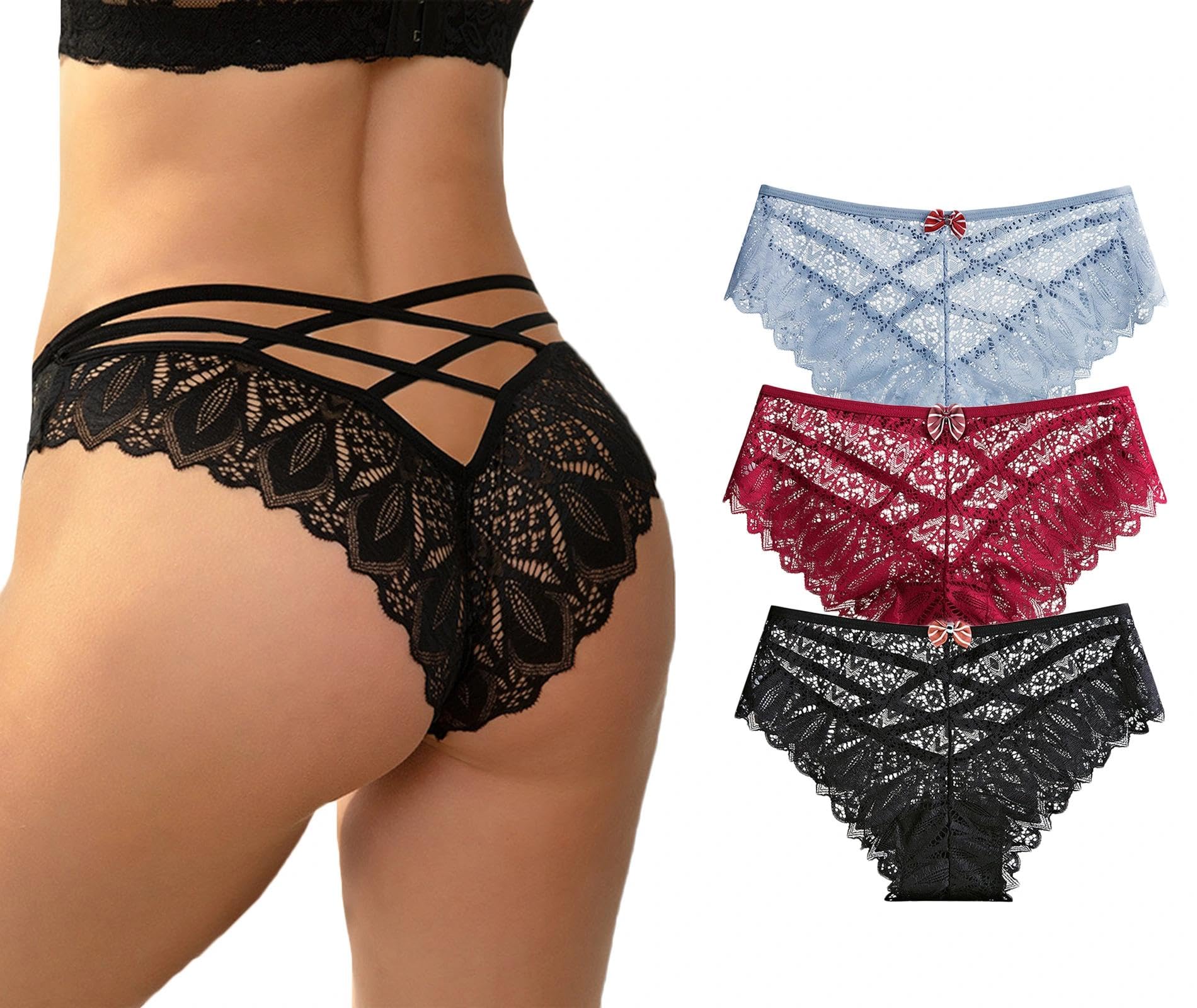 Sexy Cheeky Underwear for Women Lace Floral Bikini Criss Cross Seamless Panties Ladies Cute Hipster Briefs 3-Pack