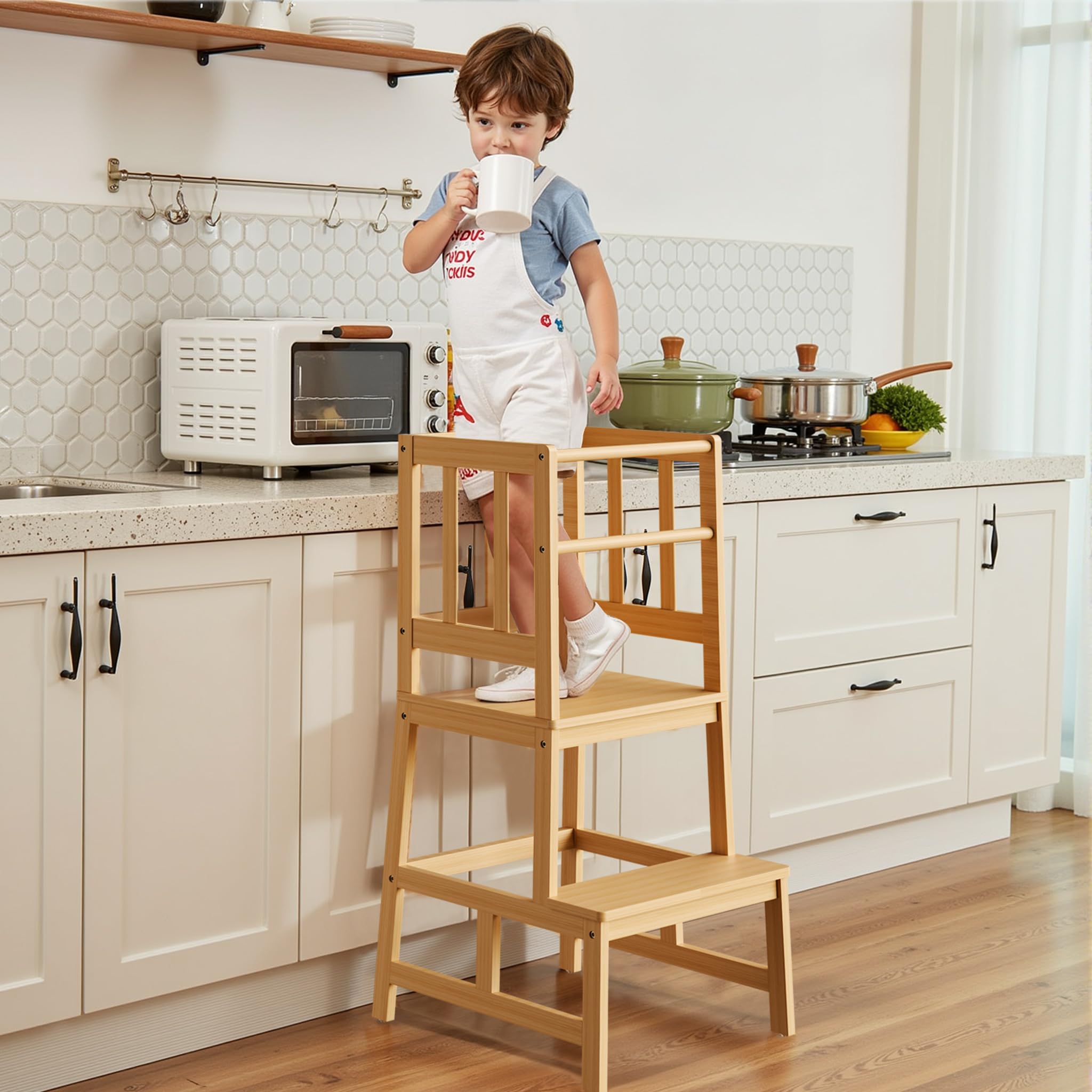 Wiltec Pomocnik kuchenny z bambusa dla dzieci z balustradą 46 x 46 x 90 cm, podest kuchenny do gotowania i zabawy, kitchen helper do kuchni i łazienki