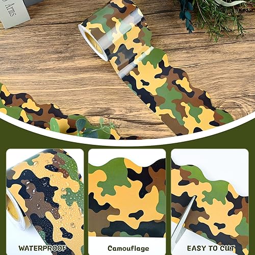 Miniatura 3 de Bordes de tablero de anuncios de camuflaje de 99 pies, color verde, negro y marrón, borde de tablero de anuncios de camuflaje para escuela, aula,