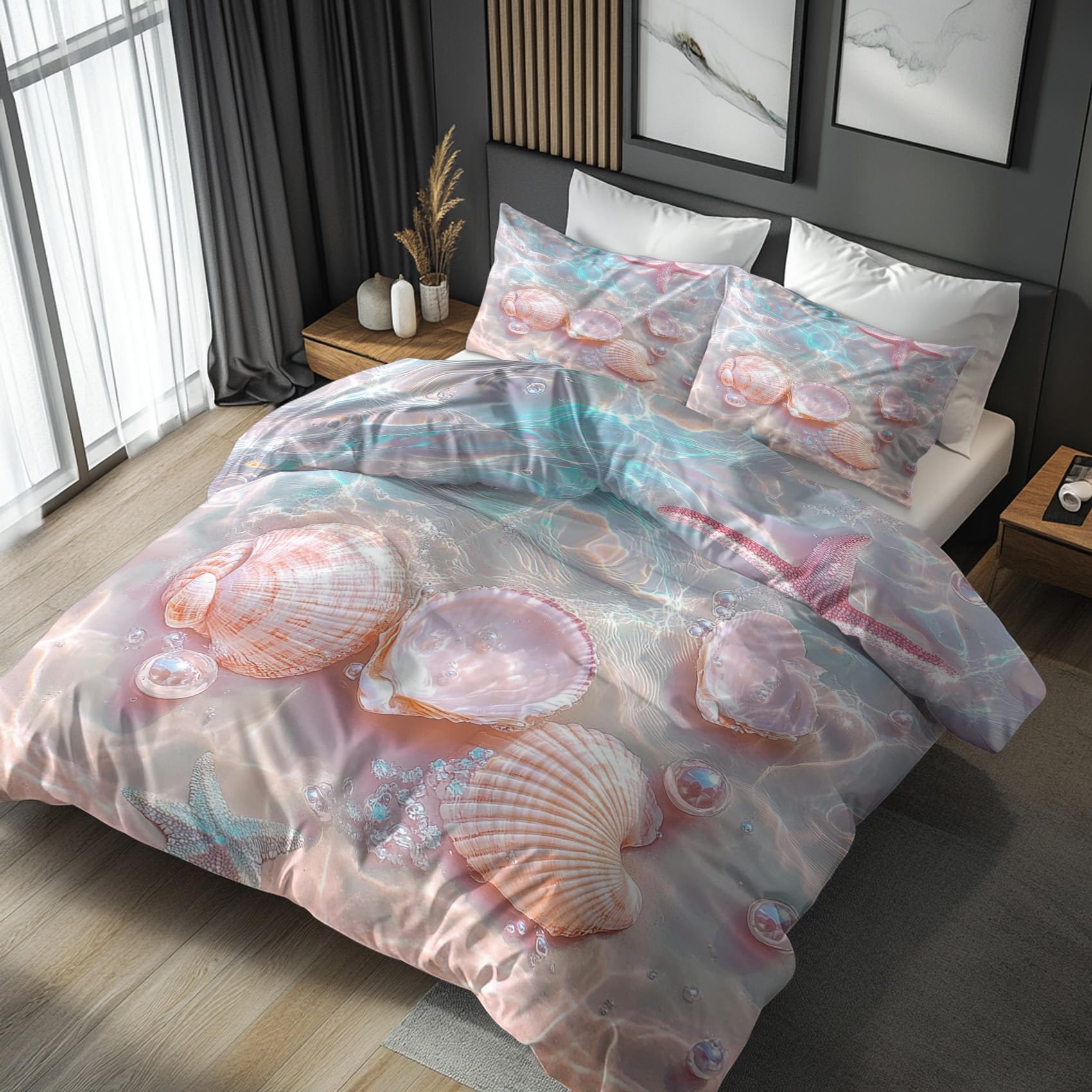 Nogawa Light Pink Starfish Seashell Single Duvet Cover Set - Coastal Bedding Single - Reversible Quilt Cover & 1 Pillowcase With Zip And Ties, Ultra Soft And Non Iron Brushed Microfibre Bed Set