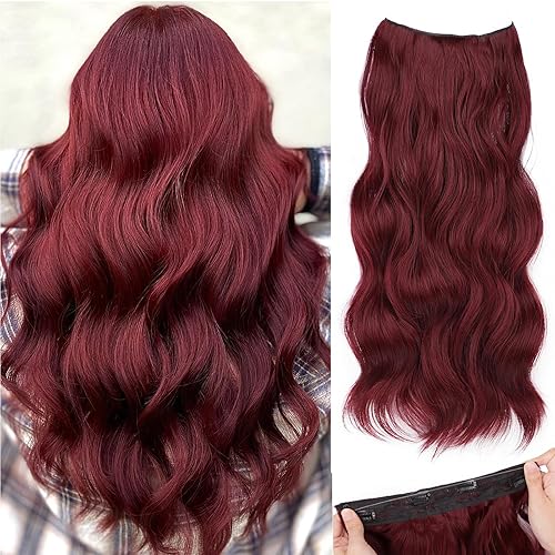 SHNMIN Extensiones de cabello con alambre invisible, extensiones de cabello rojo con 4 clips de seguridad ajustables, extensiones de cabello largo,