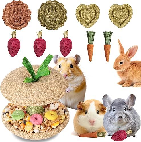 10 PCS Hamster Chew Toys, Guinea Pig Chew Toys for Teeth Natural Timothy Chinchilla Treats Apple Core, Grass Cake, Carrot and Strawberry for Gerbil, Rat, Rabbit and Small Animal Dental Care