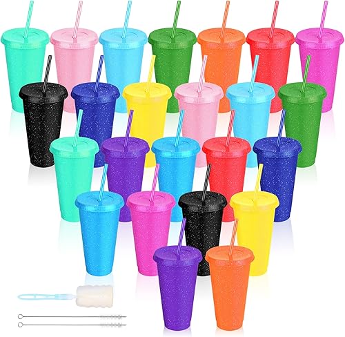 Vista 61 de Paquete de 24 vasos de plástico con tapas y popote, vasos reutilizables con tapas y pajillas, vasos coloridos para bebidas frías, café helado, vasos