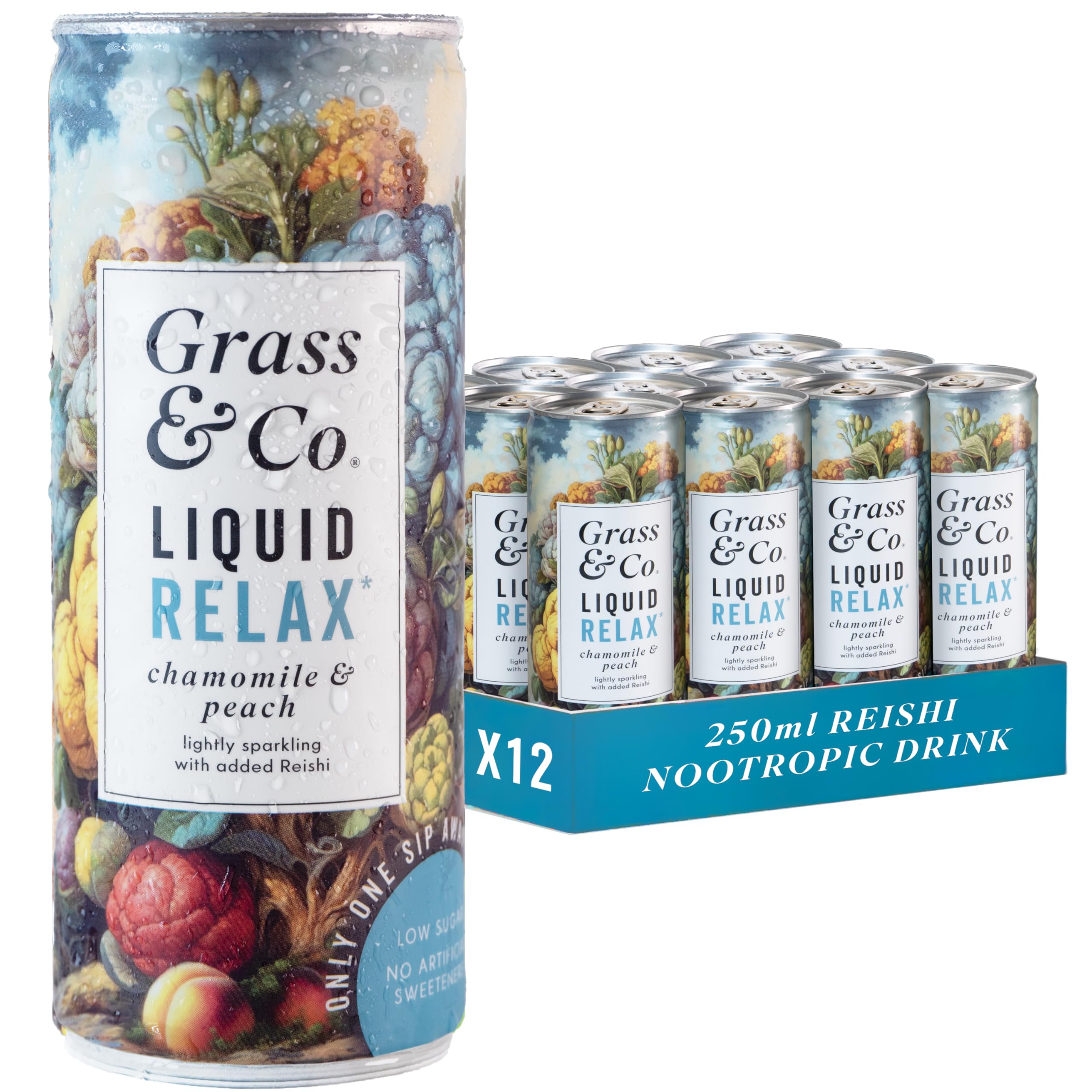 – Grass & Co. Nootropics Drinks with Magnesium, Ashwagandha, Vitamin B12, Vitamin B6, Reishi Mushroom & More | Liquid Relax | Chamomile & Peach | Lightly Sparkling | Vegan | 12 x 250ml Cans