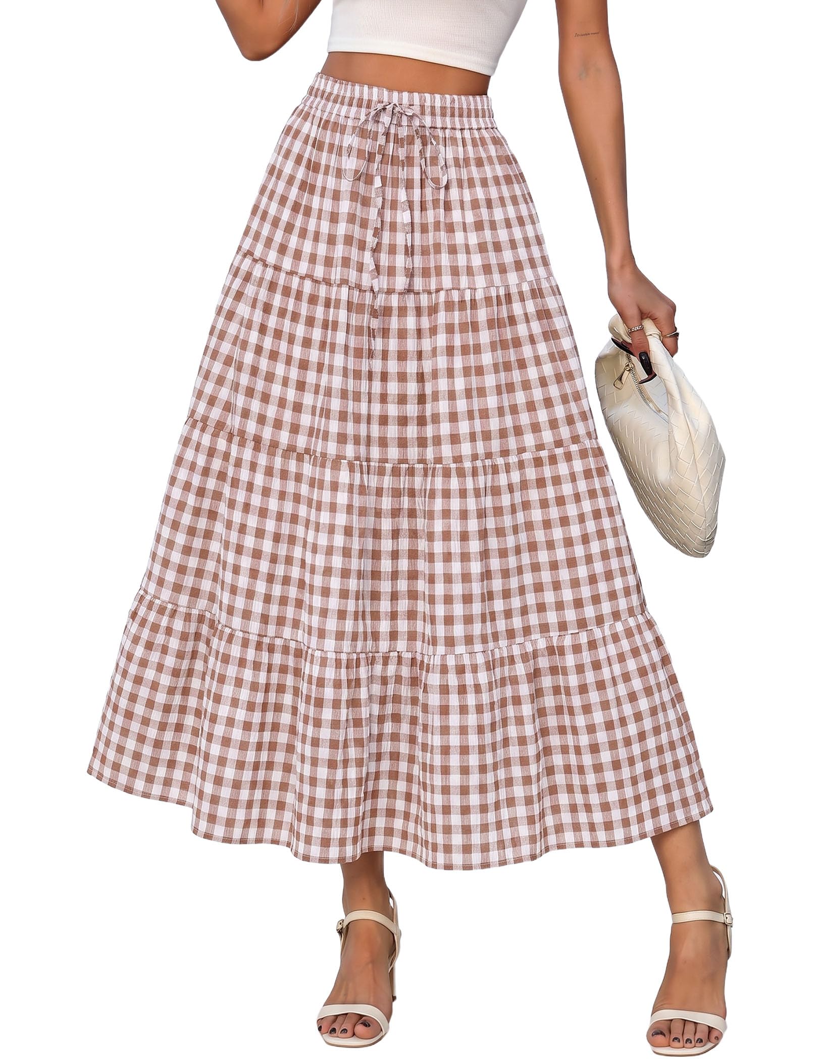 DERAX Womens Plaid Gingham Midi Skirt with Pockets High Waisted Long Skirt