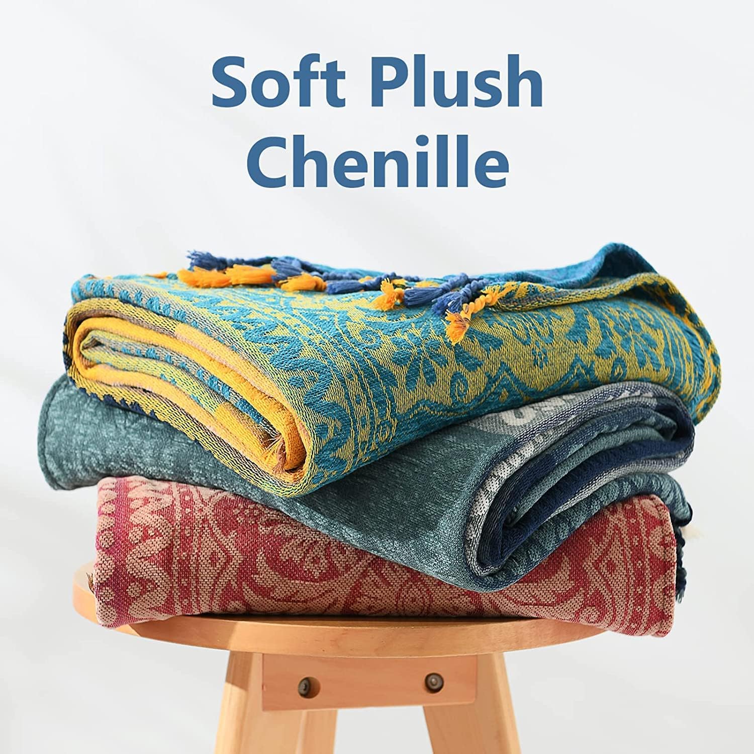 Boho Throw Blanket Couch Woven - Bohemian Tribal Striped Softest Chenille Colorful Jacquard Blanket, Hippie Decor Bed Throws for Couch Cover Sofa Chair, 60X75, Red Navy Masturd