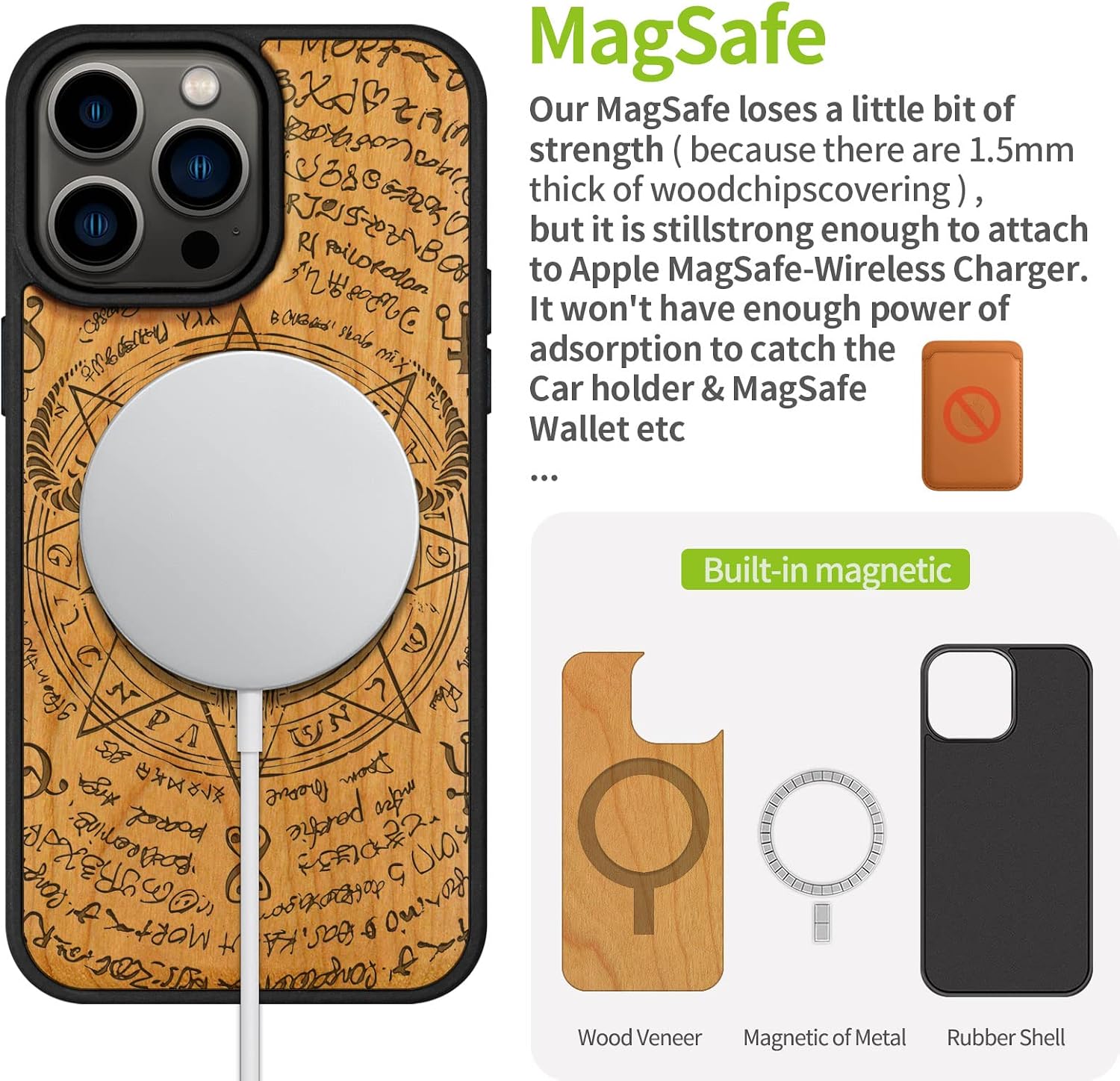Carveit Magnetic Wood Case for iPhone 14 Pro Max [Natural Wood & Black Soft TPU] Unique & Classy Wooden Shockproof Protective Cover Compatible with magsafe (The Devil -Baphomet -Cherry)