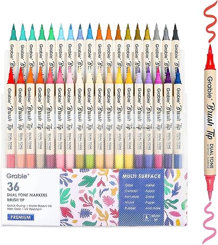 Grabie 72 Colors Acrylic Paint Markers, Soft Brush Tip Acrylic Markers Set, Water Based Paint Pens for Wood, Fabric, Canvas, Glass, Stone, Canvas, Rock Painting and DIY Crafts Art Supplies, Set of 36 - B.36Pcs-72Dual Tone Colors