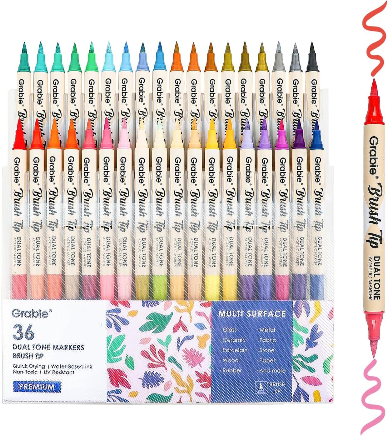 Grabie Dual-Tone Acrylic Marker Set - 36 Dual-Tip Markers for 72 Vibrant Colors on Any Surface 36 Colors Dual Tip Acrylic Paint Markers