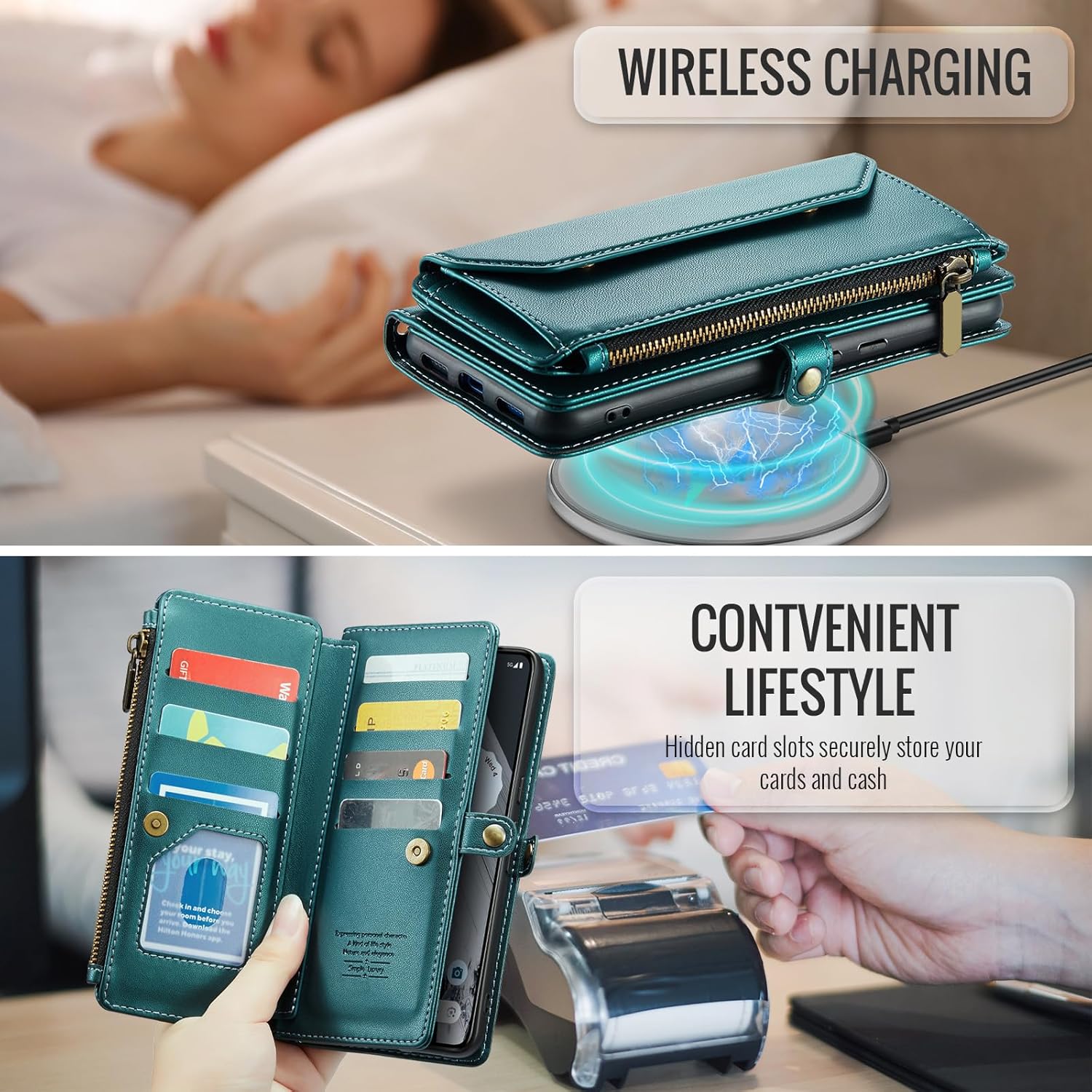 Asuwish Phone Case for Google Pixel 8 Pro 5G Zipper Wallet Cover with Tempered Glass Screen Protector and Leather Flip RFID Blocking Card Holder Cell Pixel8Pro Pixel8 XL Eight 8Pro Women Girls Green