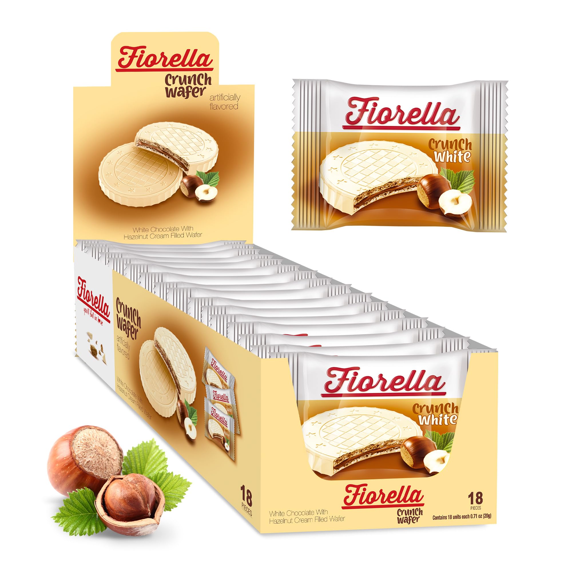 FiorellaCrunch Wafer Cookies, White Chocolate Covered Crispy Thin Crunch Wafers with Hazelnut Cream Filling, Chocolate Biscuits, 18 Individually Wrapped Snacks, Pack of 1