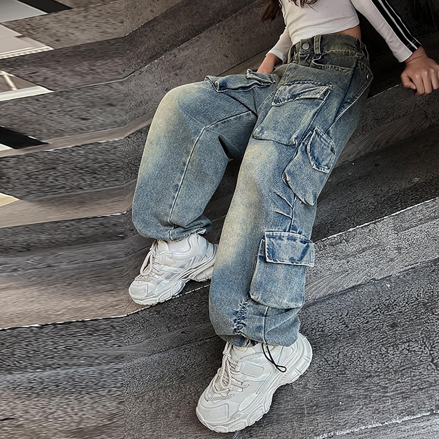 Rolanko Girls Cargo Pants Baggy Y2K Cargo Trousers Jeans Wide Leg Pants with Multi Pockets 4-15 Years - Image 5