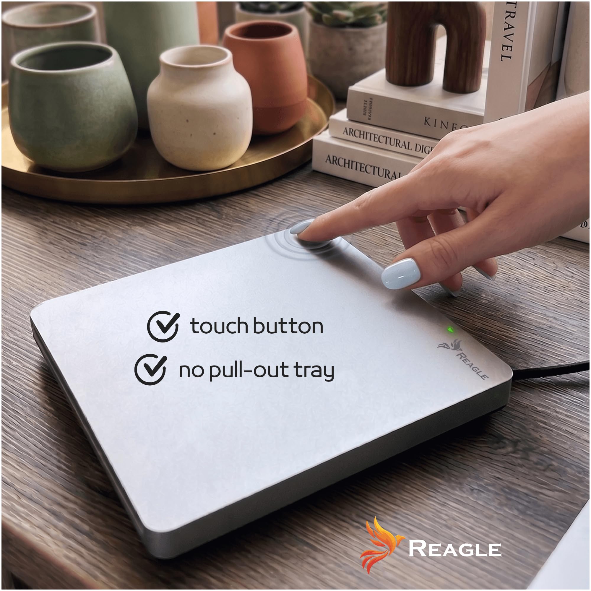 Reagle Lecteur Graveur CD DVD Externe Slot-in USB-C USB-A 2-en-1, USB 3.2 Gen 1 5 Gbit/s, CD 24x DVD 8X, Câble Intégré, Plug & Play pour PC Portable, Windows macOS Linux, Argent