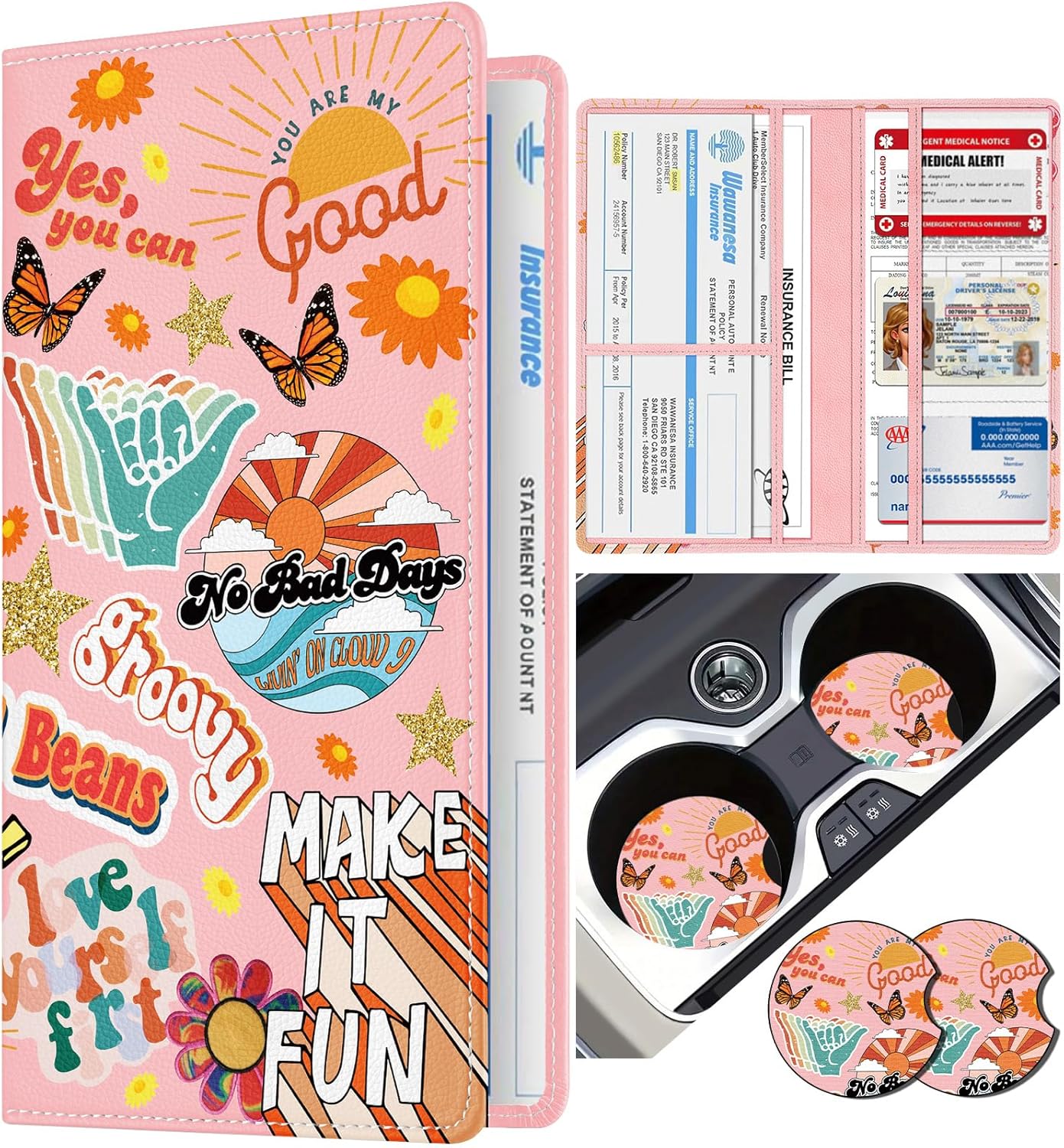 Slohif Car Registration and Insurance Card Holder with Coasters for Women Sunrise Print Interior Organizer Accessories Slohif Car Registration and Insurance Card Holder with Coasters for Women Sunrise Print Interior Organizer Accessories