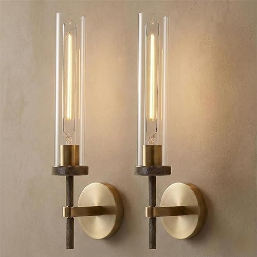 19" Modern Gold Wall Sconces Set of 2, Knurled Brass Vanity Lights with Clear Tube Glass Shade, Industrial Long Linear Wall Lamp for Bathroom Mirror, Hallway, Living Room, Staircase