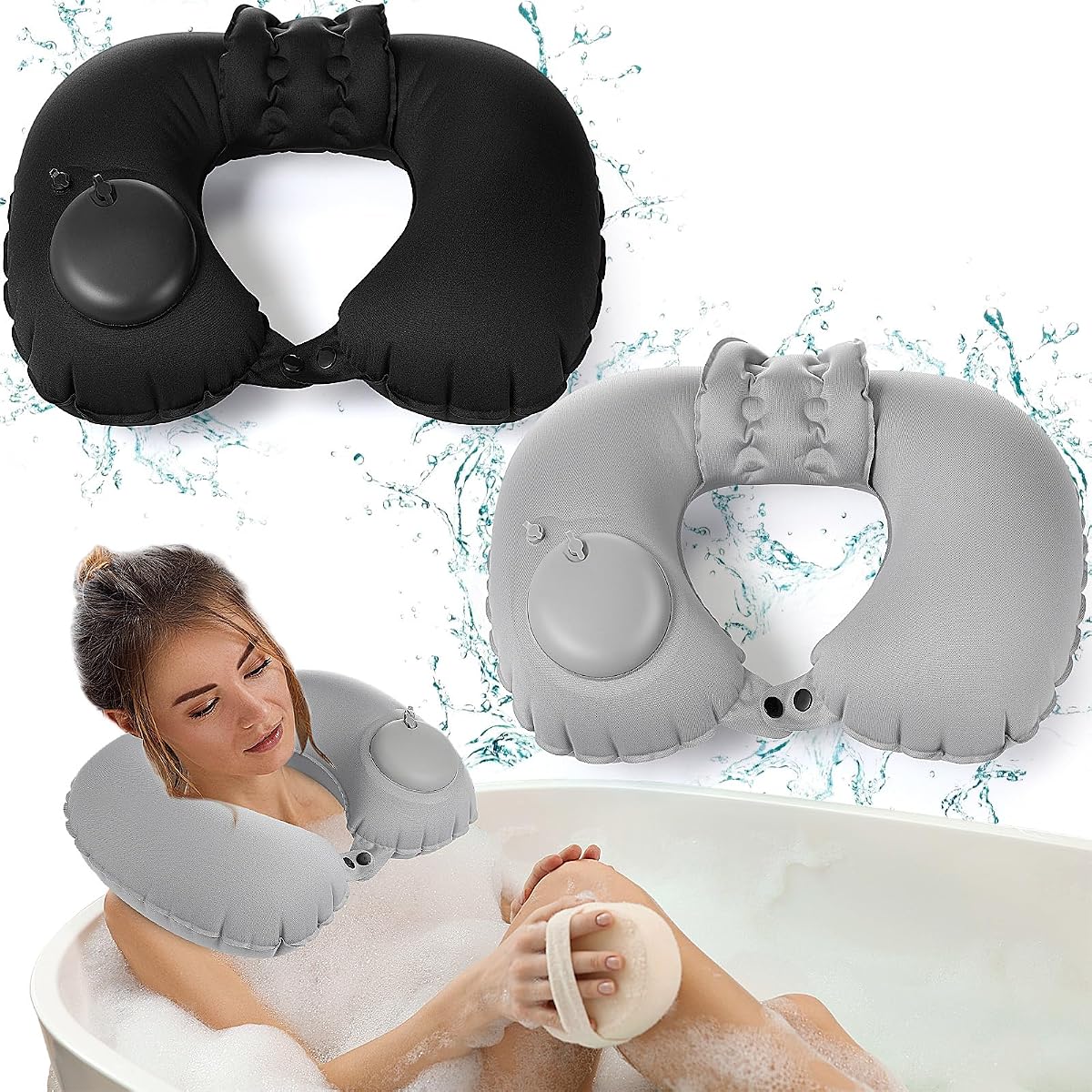 Colingmill 2 almohadas inflables de baño para bañera, cojín en forma de U para soporte de cuello y cabeza, almohada portátil de viaje con botón ajustable para aviones y spa en casa (gris, negro)