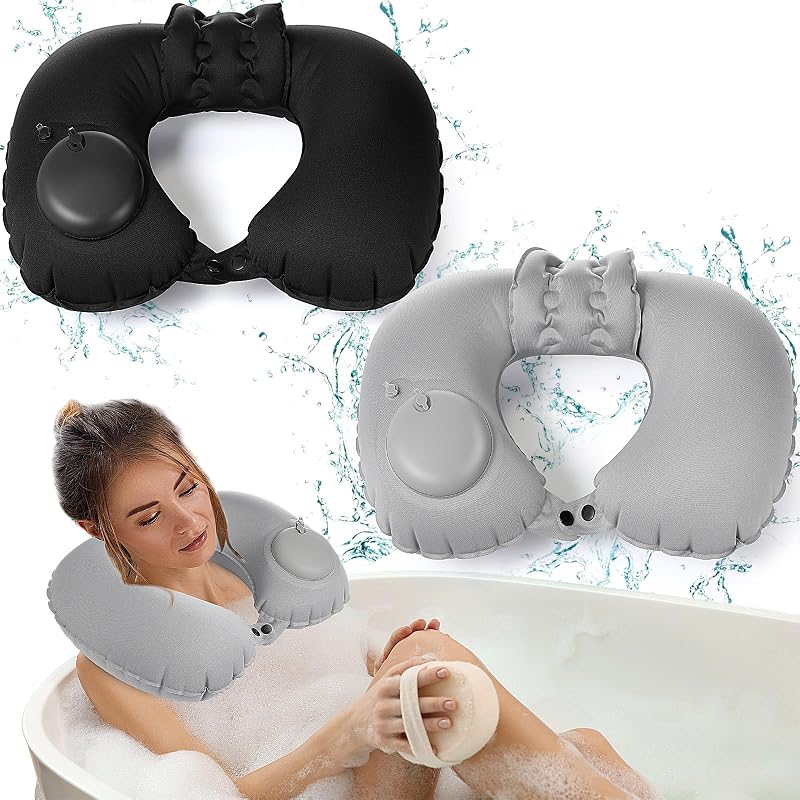 Colingmill 2 almohadas inflables de baño para bañera, cojín en forma de U para soporte de cuello y cabeza, almohada portátil de viaje con botón ajustable para aviones y spa en casa (gris, negro)